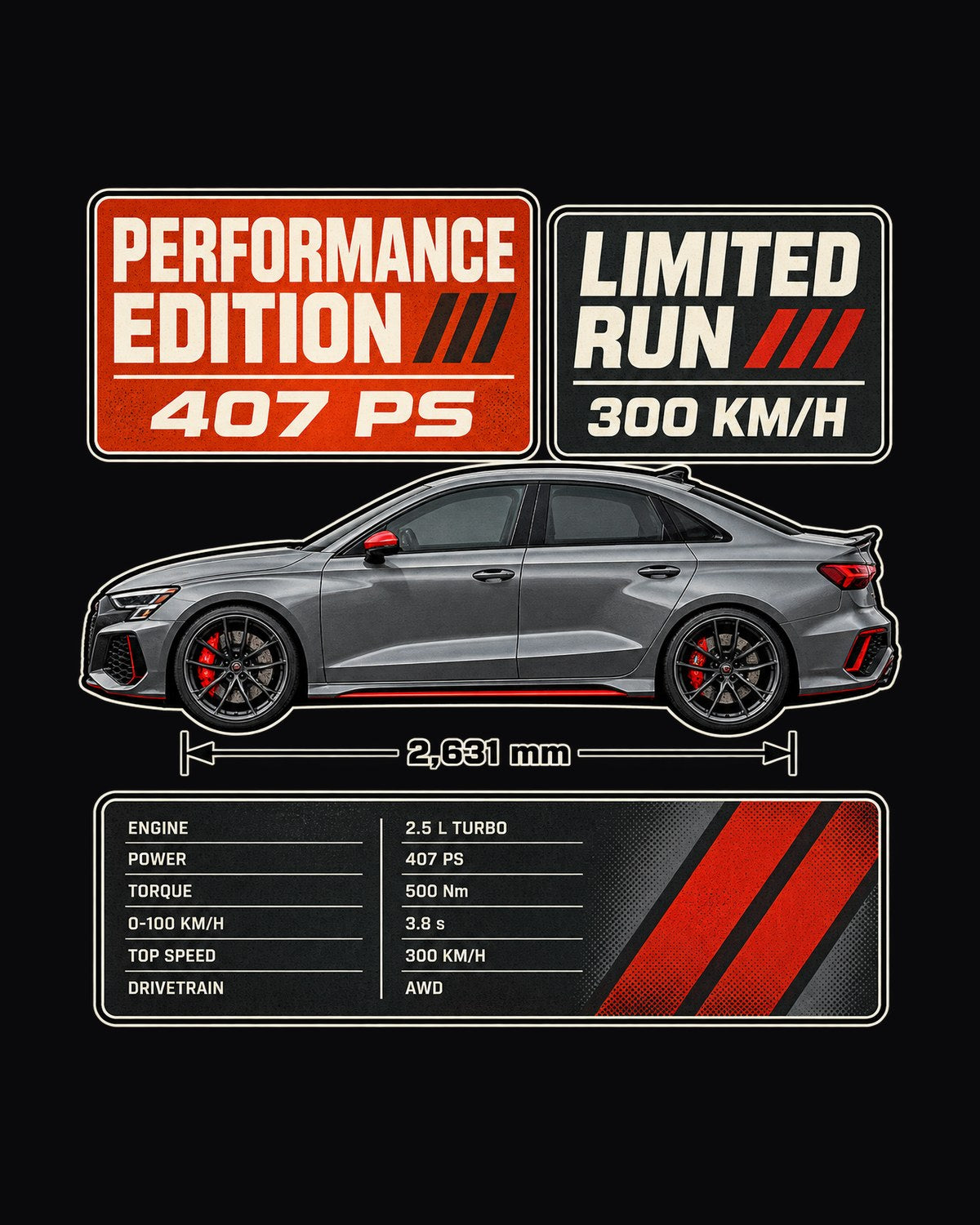 Audi RS3 8Y Performance Edition Spec Poster Tee, 407 PS design only