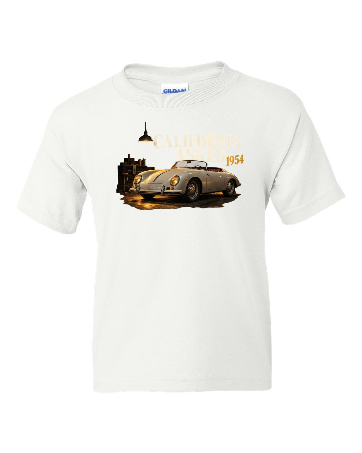 Garage night print of a 1954 Porsche 356 A Speedster with the caption California Asked white kids tee front view with the design