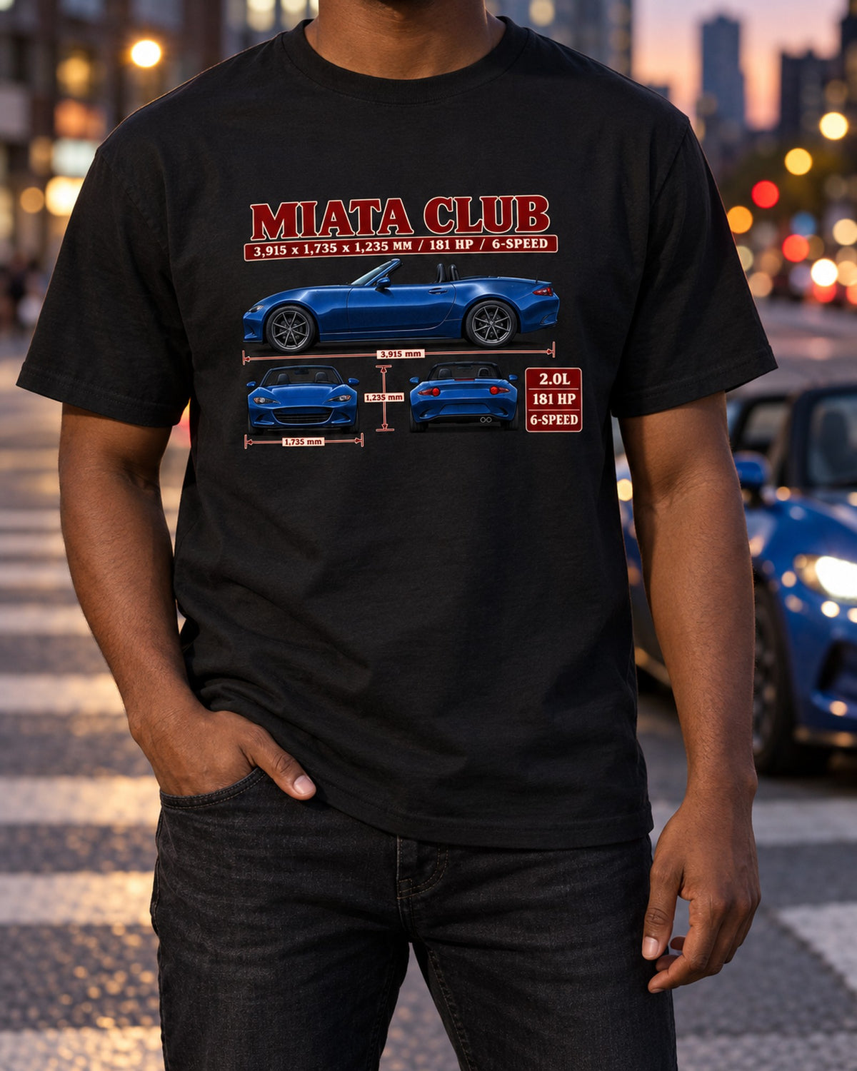Mazda MX-5 ND Club Three-View Spec Shirt, Miata Car Gift T-Shirt Black worn hero