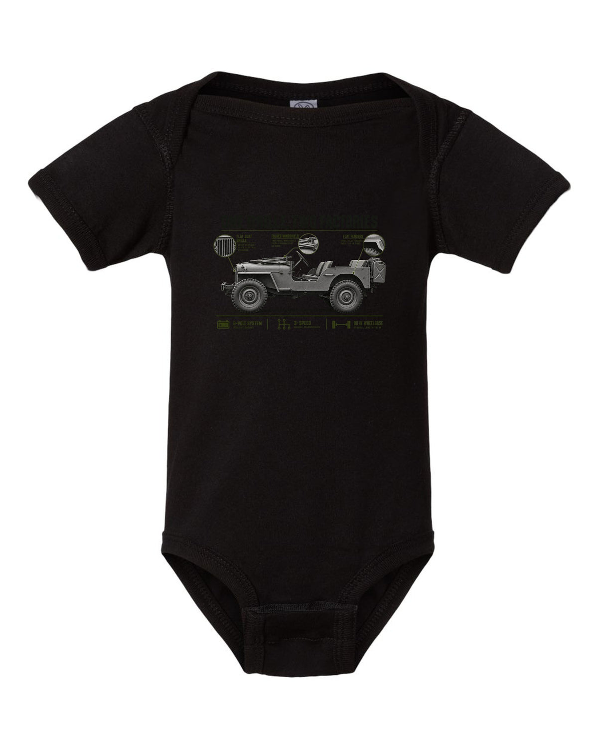 Spec poster print for the Willys MB and Ford GPW, 1941-1945 black baby onesie front view with the design