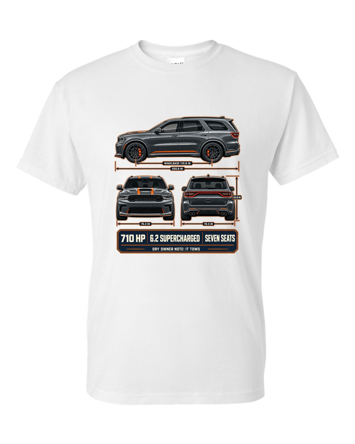 Dodge Durango SRT Hellcat 2021 three-view drawing with spec table print white t-shirt front view with the design