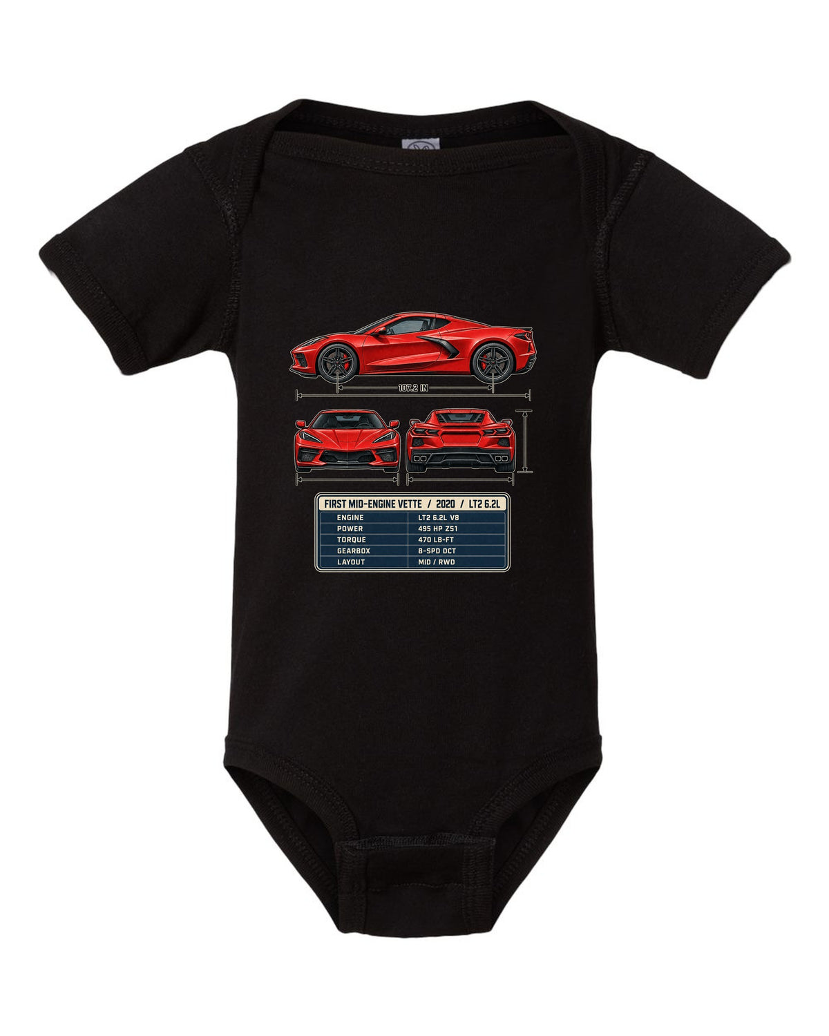 Three-view spec table print of a Chevrolet Corvette C8 Stingray with LT2 6.2L text black baby onesie front view with the design