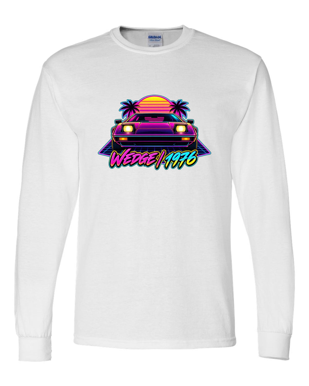 Lotus Esprit 1976 wedge in synthwave neon with WEDGE 1976 lettering white long sleeve front view with the design