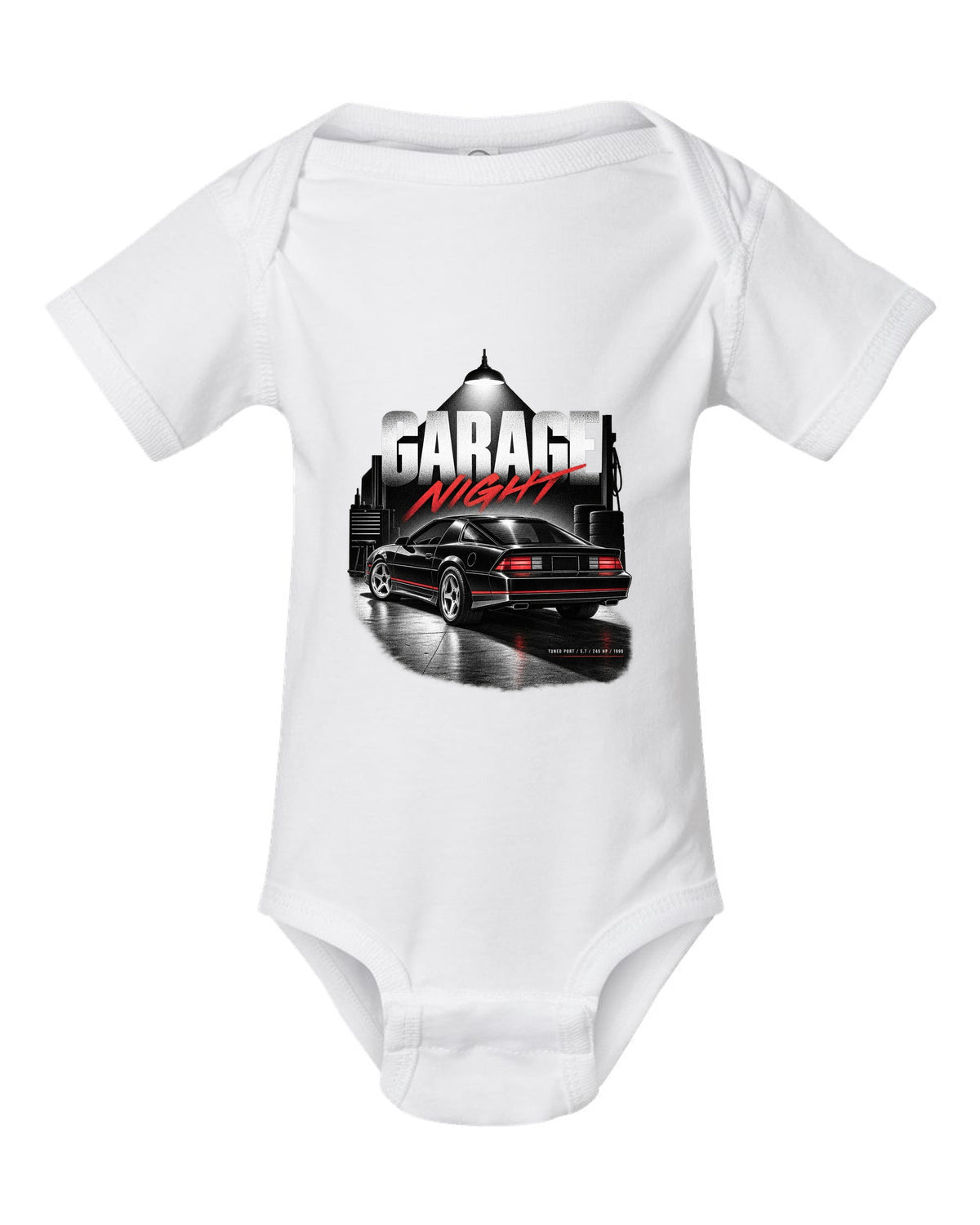 Garage-night print of a 1990 Chevrolet Camaro IROC-Z with tuned port 5.7 245 hp text white baby onesie front view with the design