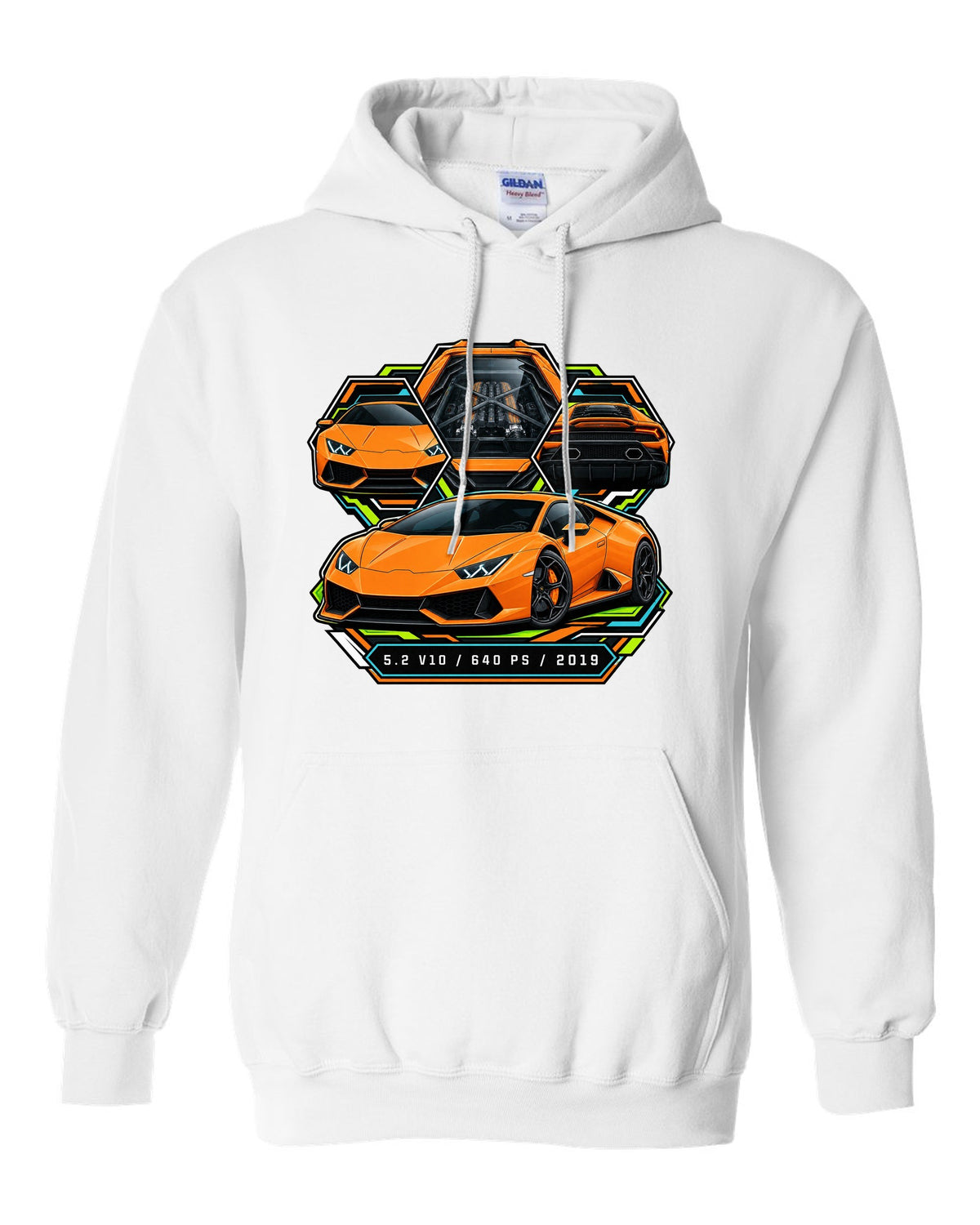 Spec-sheet data plate with a Lamborghini Huracan Evo LP640-4 and text 5.2 V10 / 640 PS / 2019 white pull over hoodie front view with the design