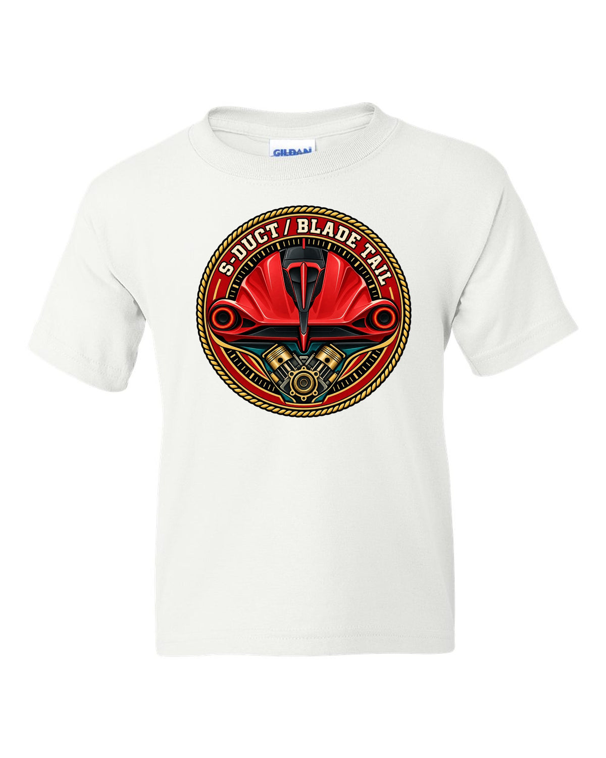 Round crest print for the Ferrari F8 Tributo with S-Duct and Blade Tail lettering white kids tee front view with the design