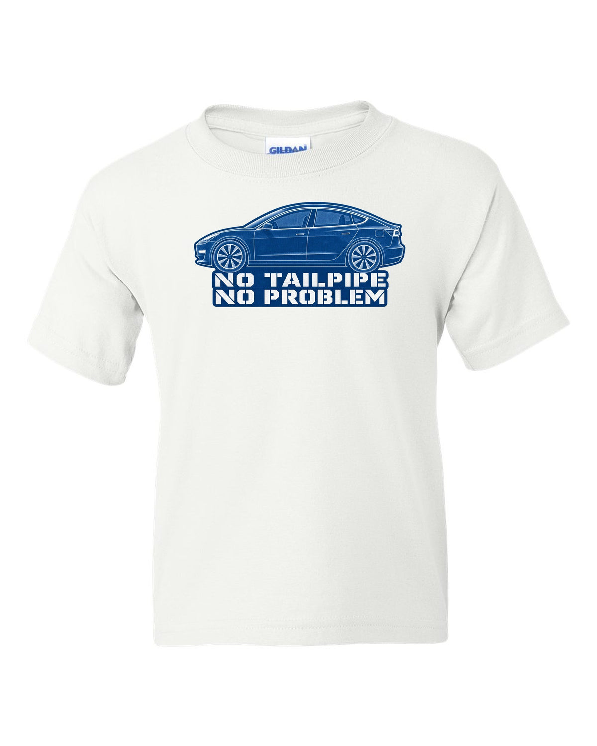 Cyanotype negative blueprint of a 2017-2023 Tesla Model 3 with the words No Tailpipe No Problem white kids tee front view with the design