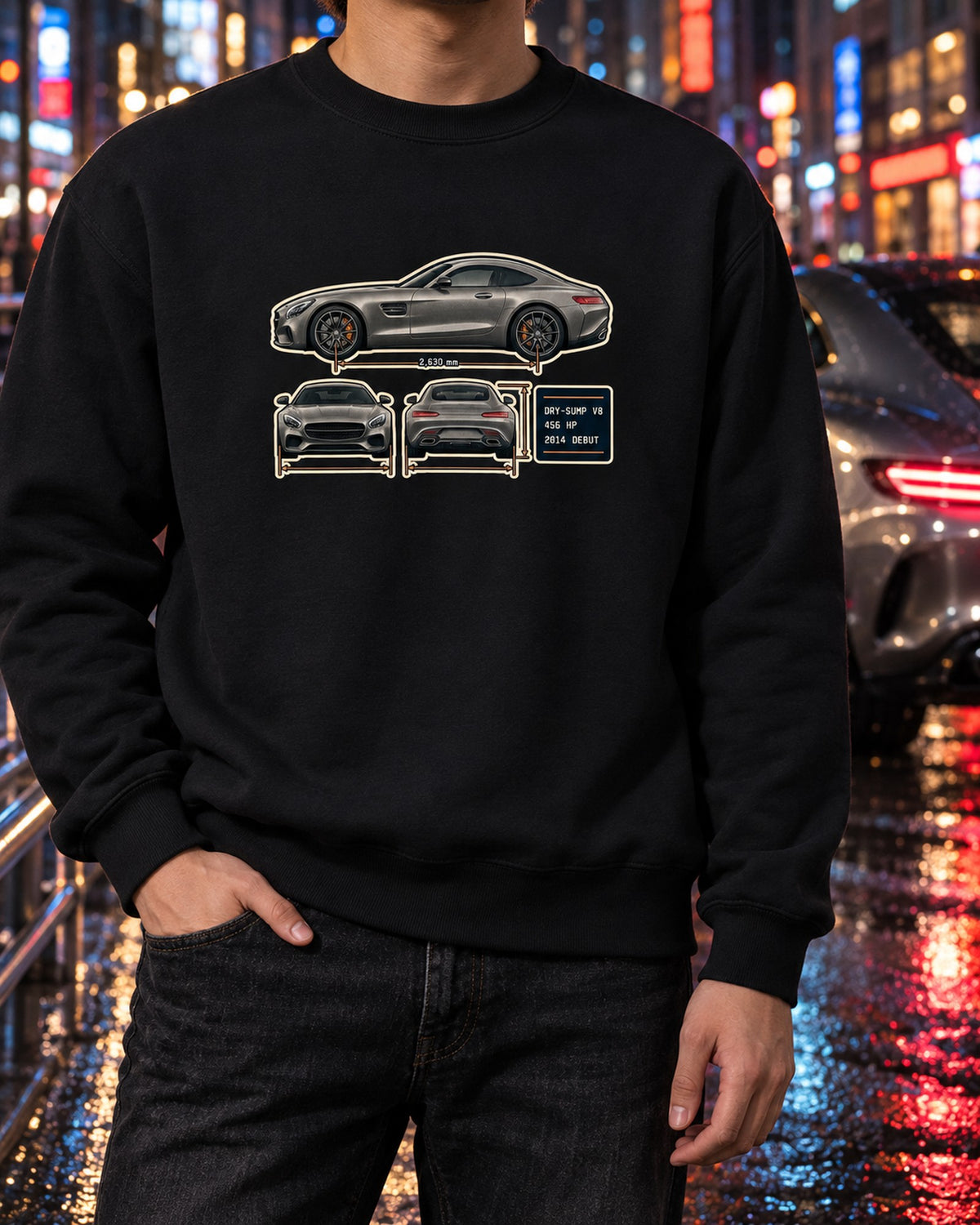 Mercedes-AMG GT C190 Three-View Spec Table Tee, 2014 Debut Crewneck Black worn hero