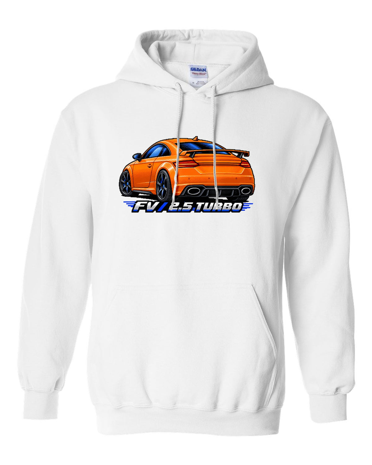 Pixel art print of an Audi TT RS FV with a rear wing and 2.5 turbo text white pull over hoodie front view with the design