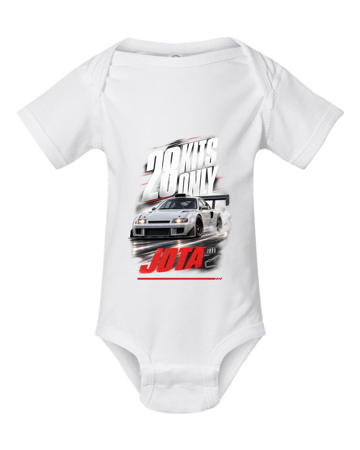 Race poster print of a Lamborghini Diablo SE30 Jota with 28 kits only text white baby onesie front view with the design