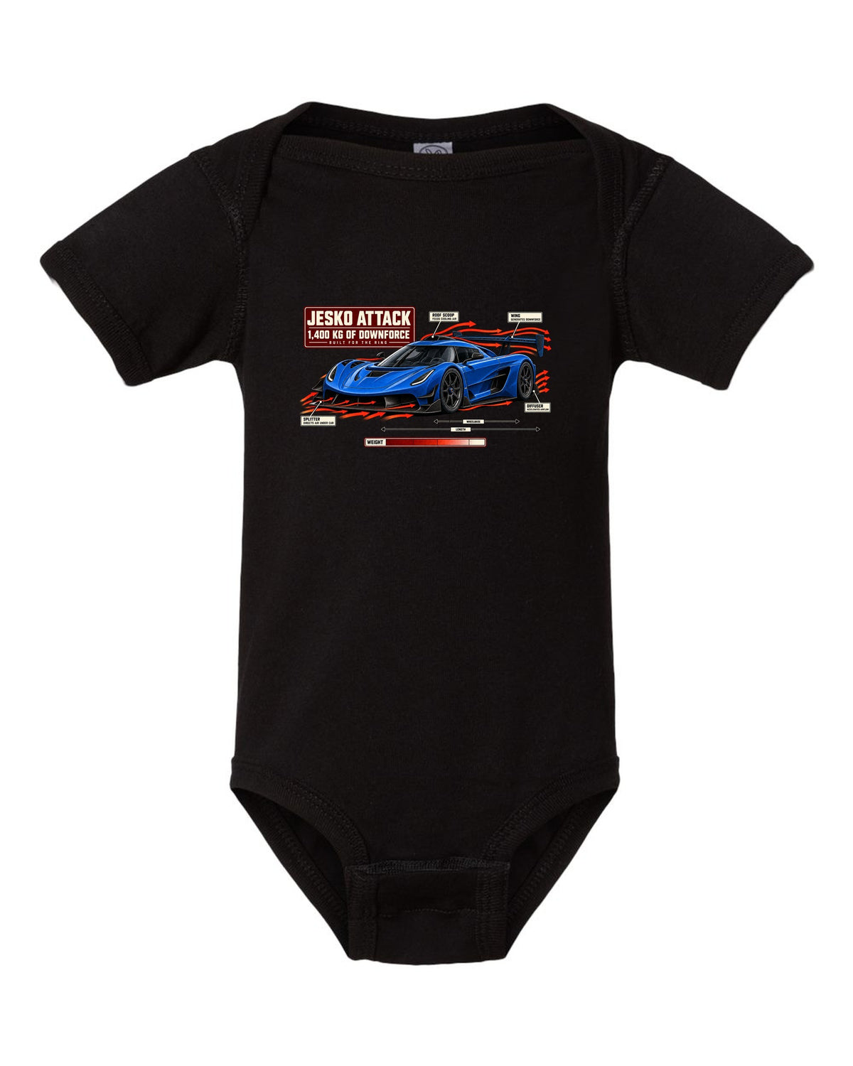 Aero callout diagram of the Koenigsegg Jesko Attack with rear wing and splitter, print black baby onesie front view with the design