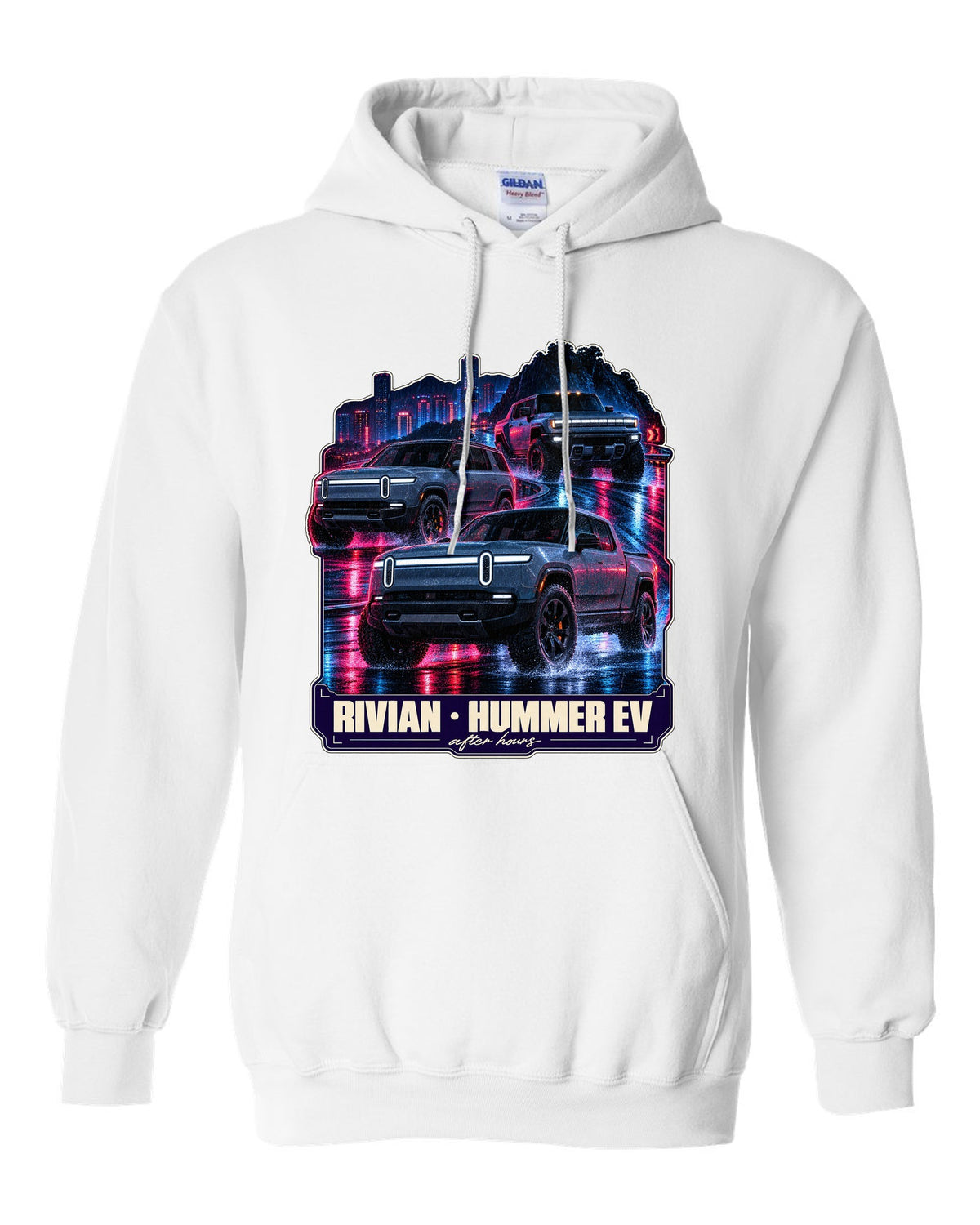 Night street print of the Range Rover Sport SV L461 on a wet road at 2 AM white pull over hoodie front view with the design