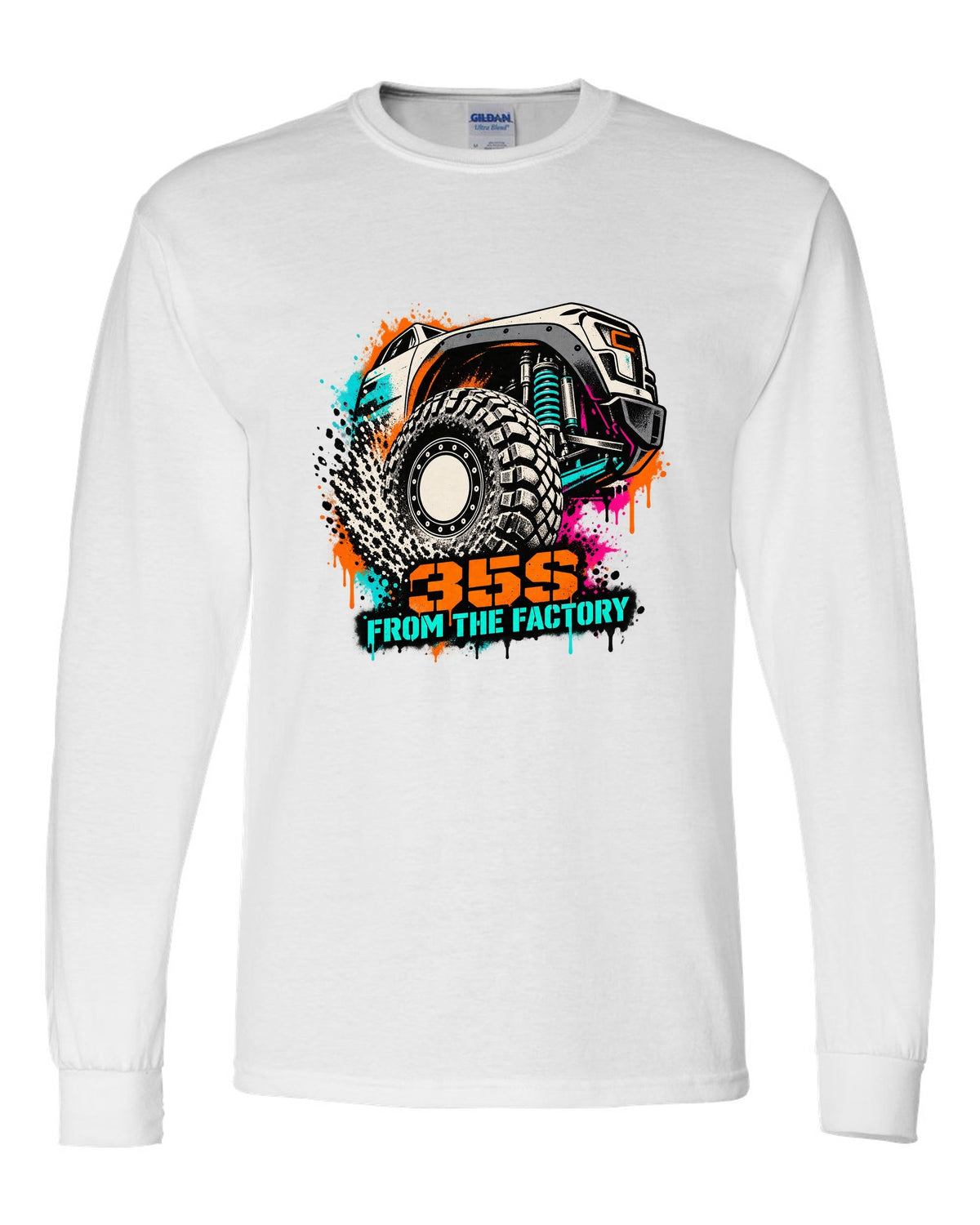 Stencil spray street art print of a Ram 1500 TRX wheel with 35S lettering white long sleeve front view with the design