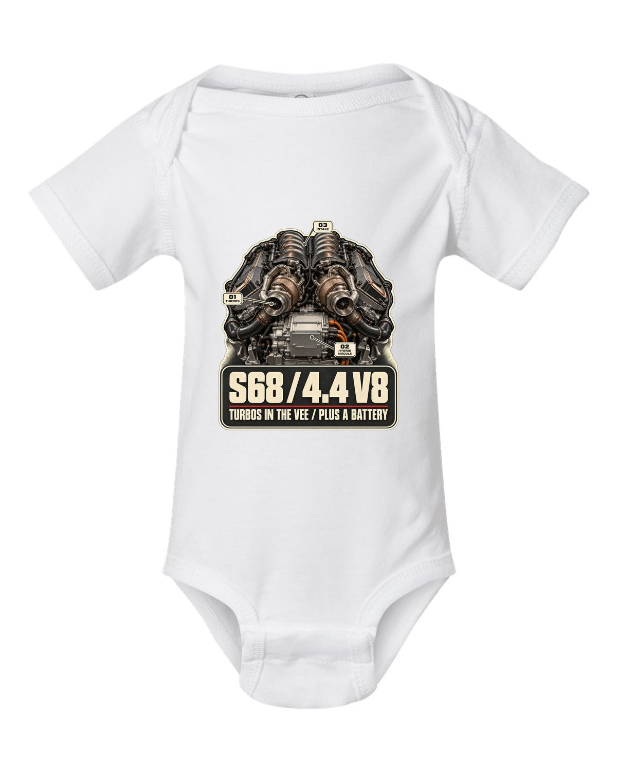 Engine hero print of the S68 4.4 V8 in the BMW XM G09 white baby onesie front view with the design