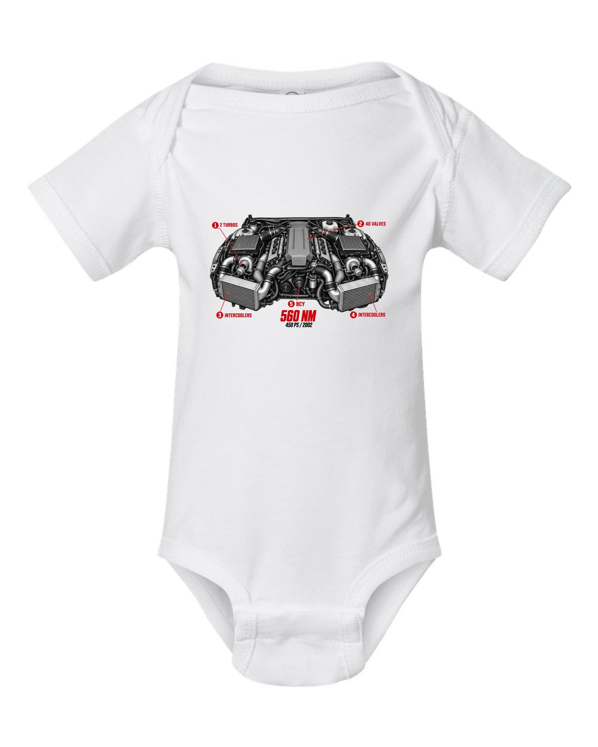 Audi RS6 Avant C5 BCY 4.2 biturbo engine with callouts and spec text white baby onesie front view with the design