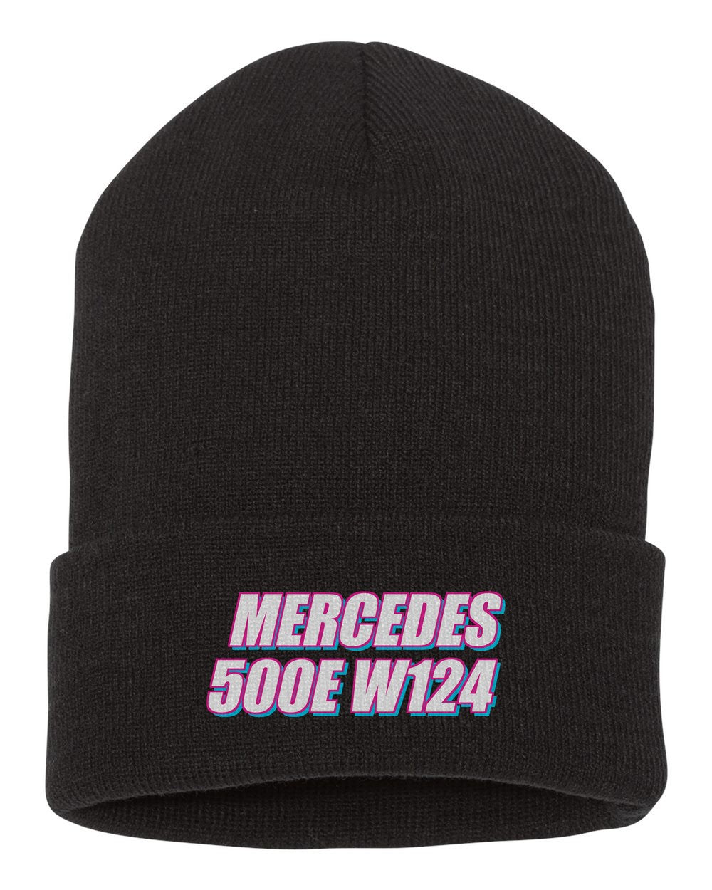 Mercedes 500E W124 black beanie front view with car name