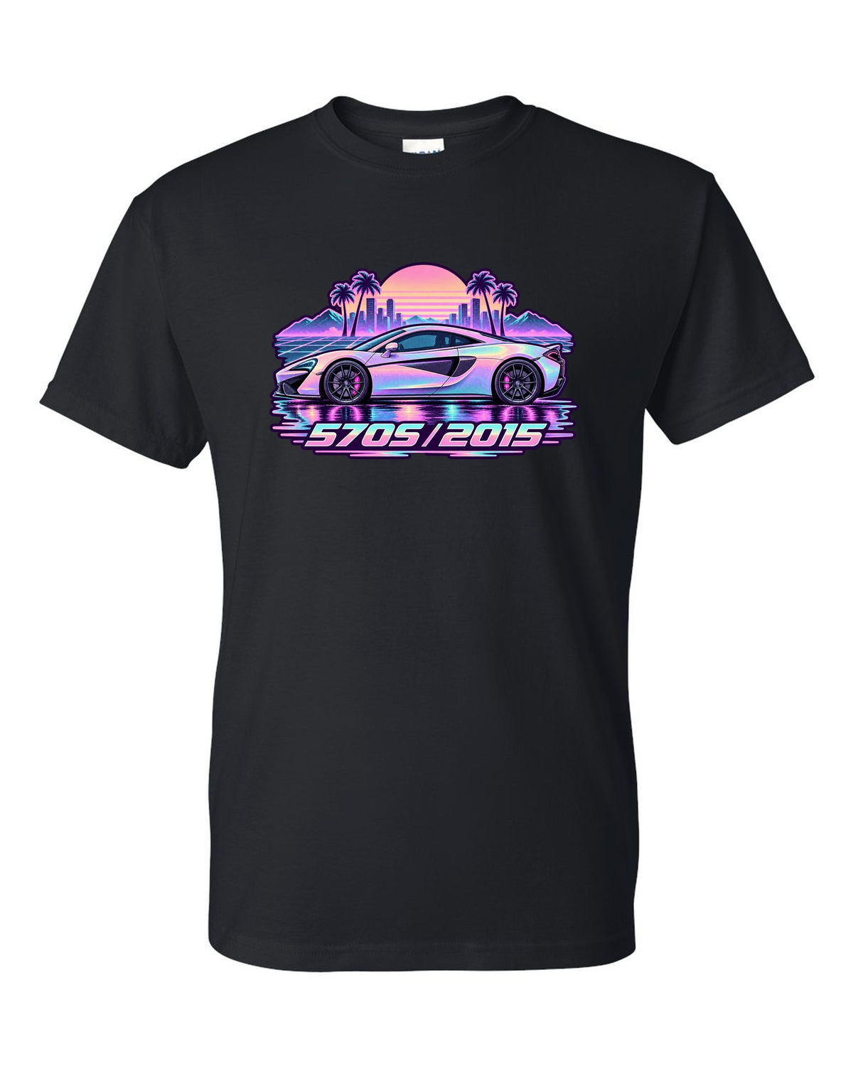McLaren 570S vaporwave pastel rain print with 570S 2015 lettering black t-shirt front view with the design
