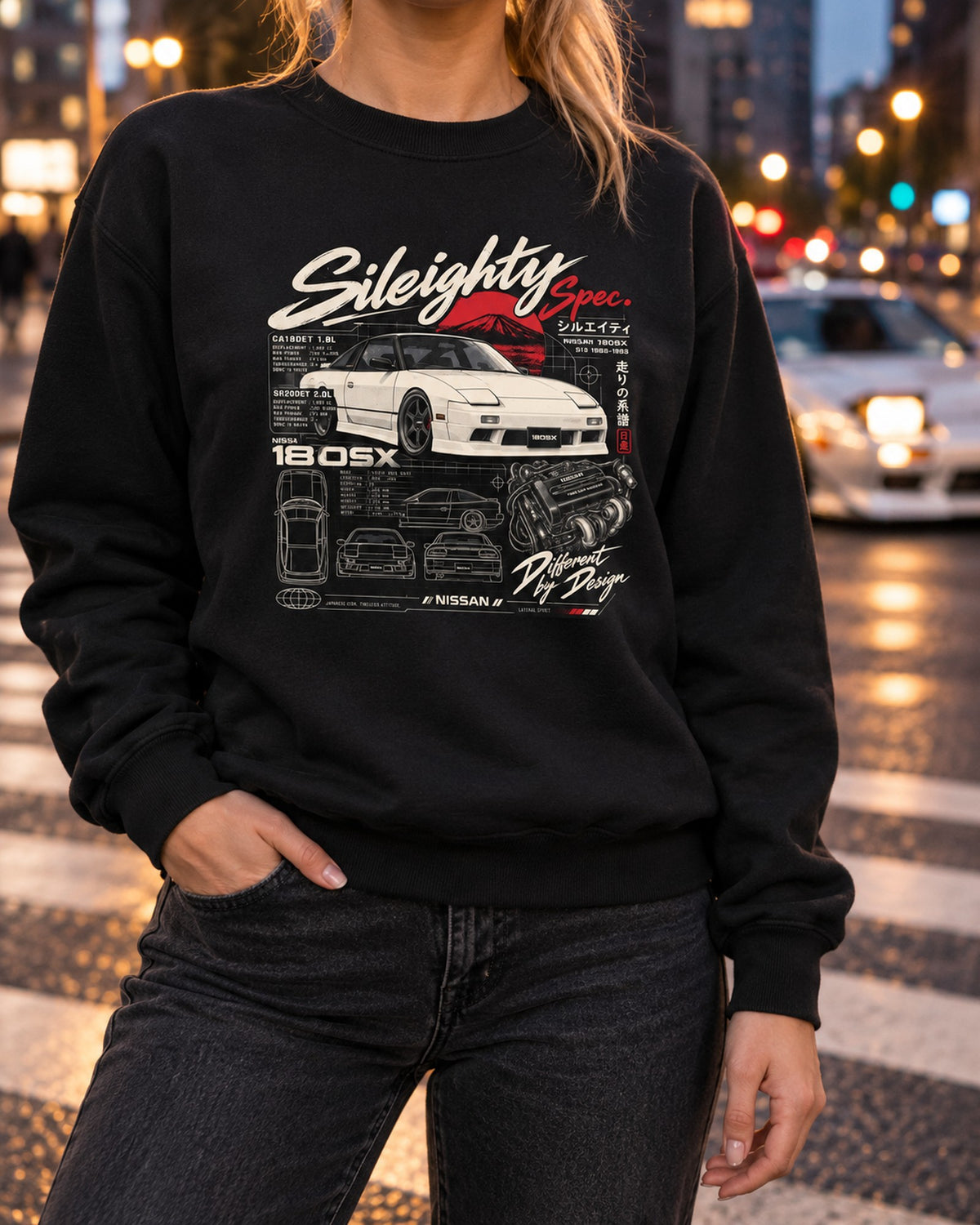 Nissan 180SX Sileighty CA18DET SR20DET Spec Plate Shirt Crewneck Black worn hero
