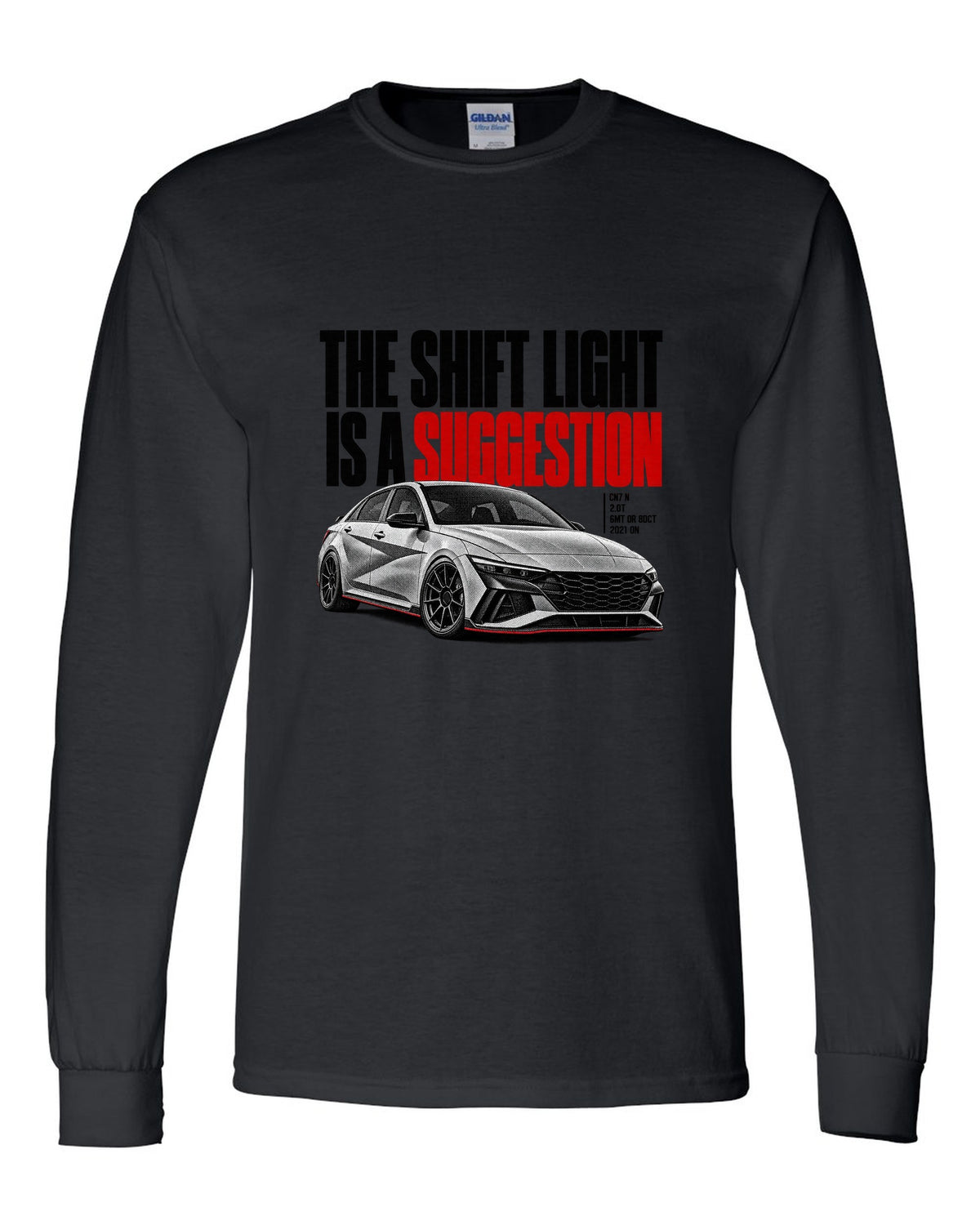 Halftone Hyundai Elantra N CN7 with the shift light is a suggestion text black long sleeve front view with the design