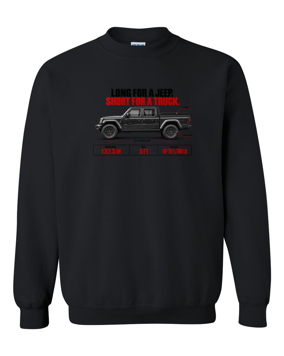 Jeep Gladiator JT spec poster print with wheelbase and payload figures black crewneck front view with the design