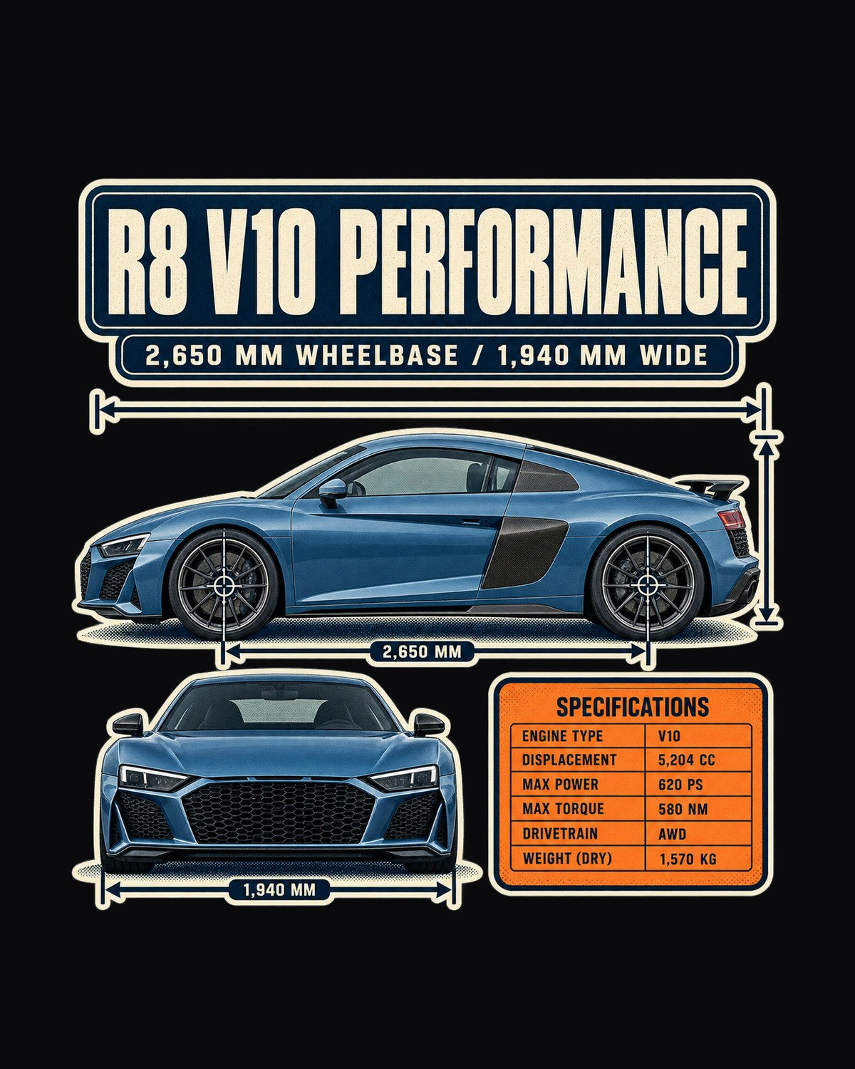 Audi R8 V10 Performance Dimension Blueprint Tee, Type 4S Car Shirt design only