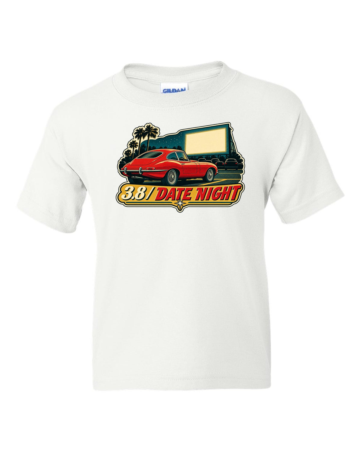 Jaguar E-Type Series 1 vintage race poster with 3.8 DATE NIGHT lettering white kids tee front view with the design