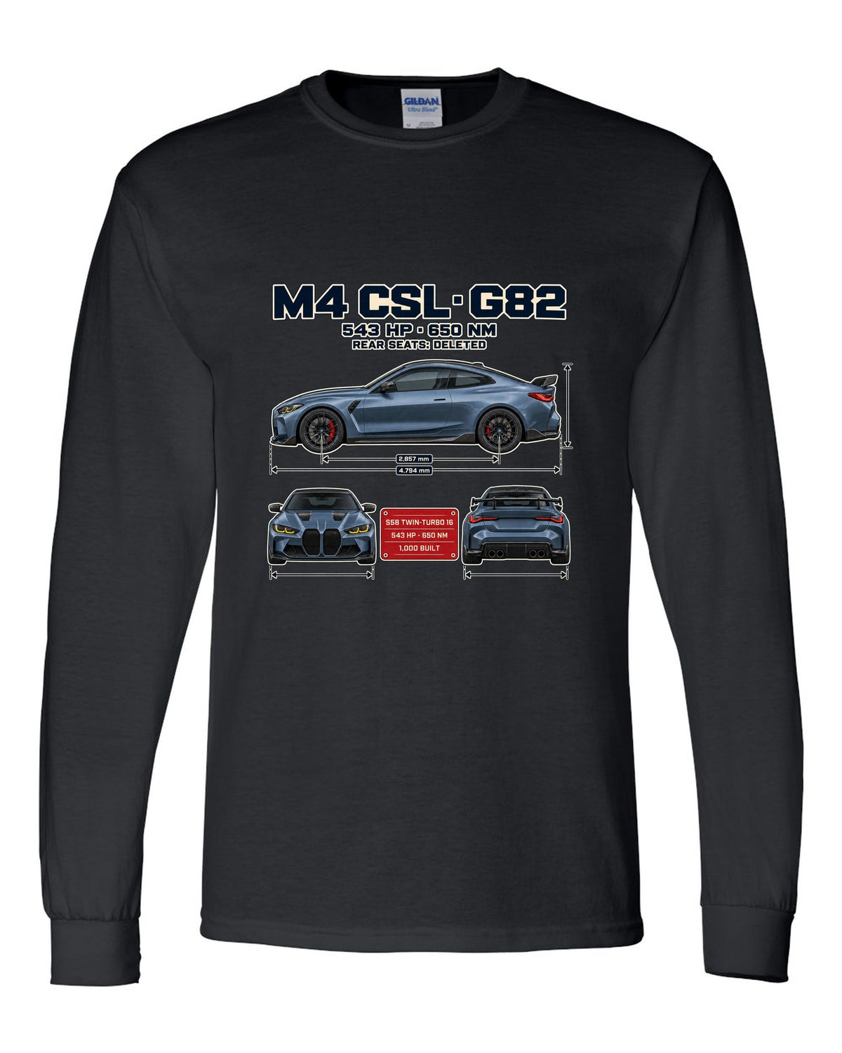 BMW M4 CSL G82 three-view spec table print black long sleeve front view with the design