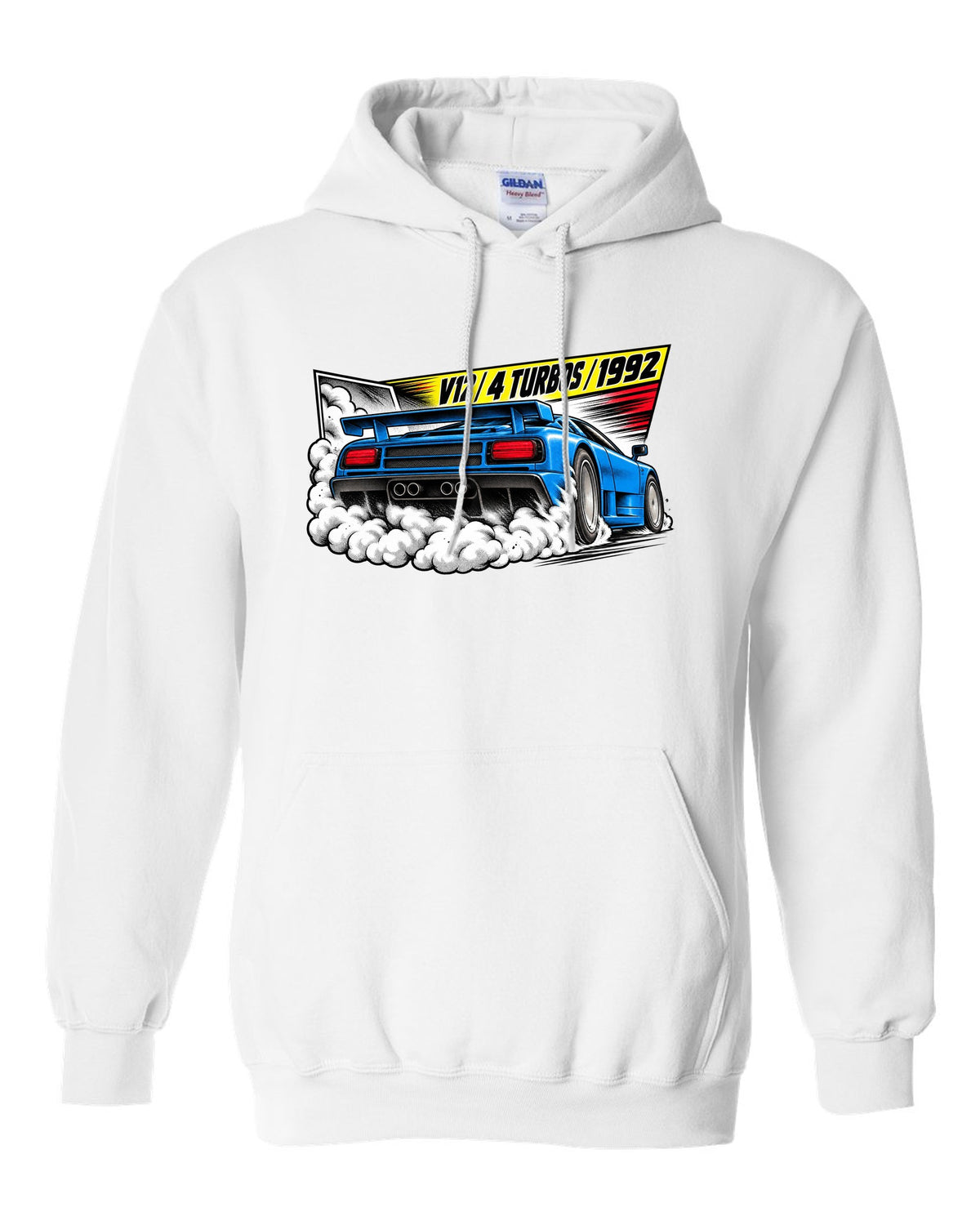 Retro manga halftone panel of a Bugatti EB110 SS burnout with V12 4 TURBOS 1992 lettering white pull over hoodie front view with the design