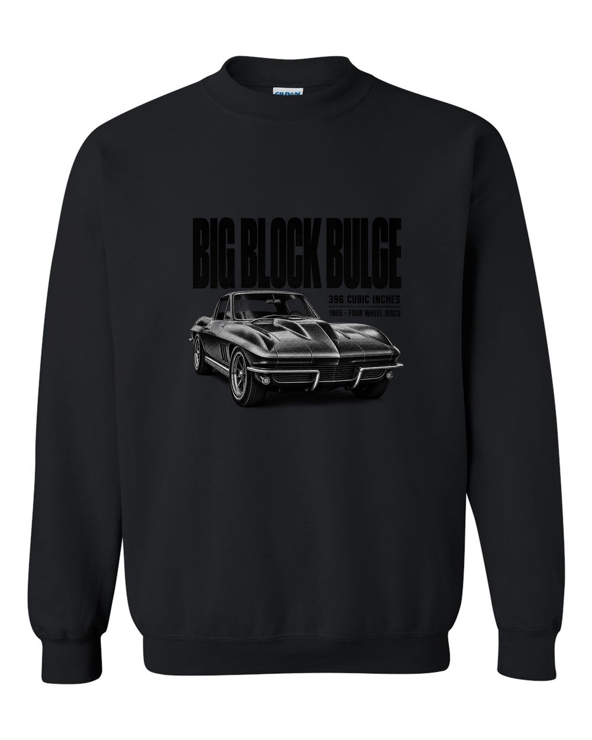 Chevrolet Corvette C2 Sting Ray 1965 big-block 396 hood bulge halftone print black crewneck front view with the design