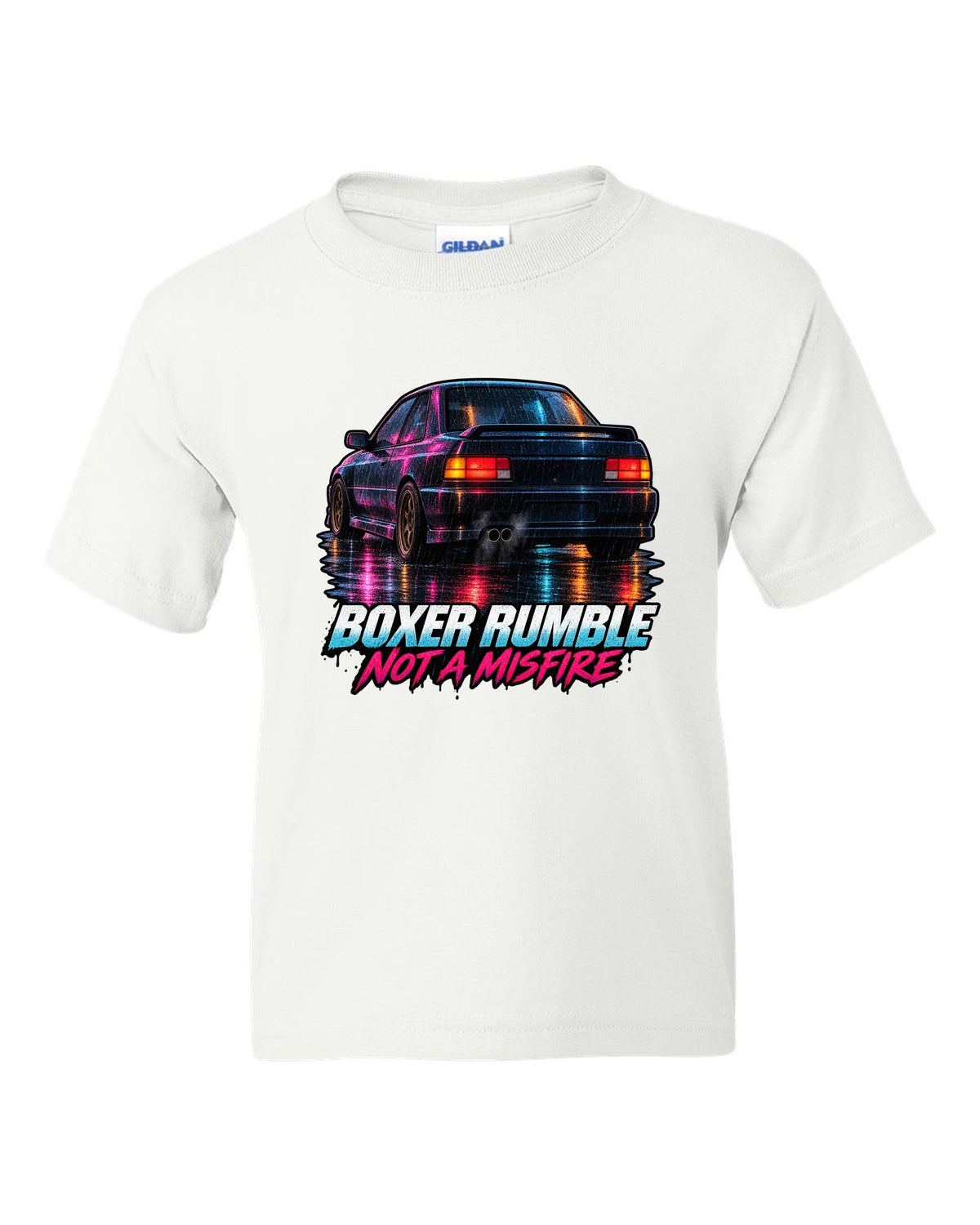 Painterly night scene of a Subaru Impreza WRX GC8 coupe with wet taillight reflections white kids tee front view with the design