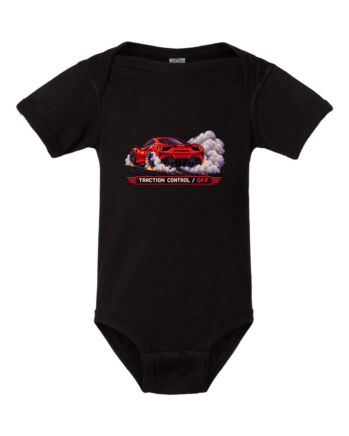 Pixel art Ferrari 488 GTB burnout with traction control off text black baby onesie front view with the design