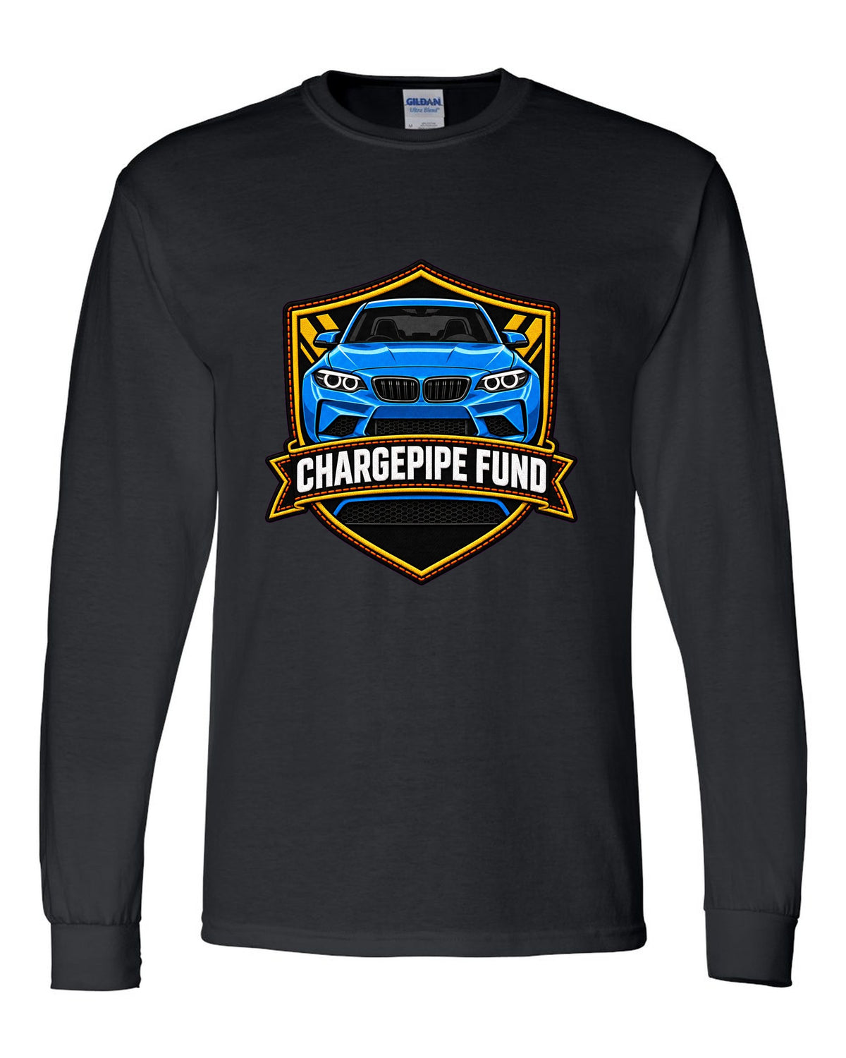 Linocut woodcut-style print of a BMW M2 G87 brake duct with 453 HP text black long sleeve front view with the design