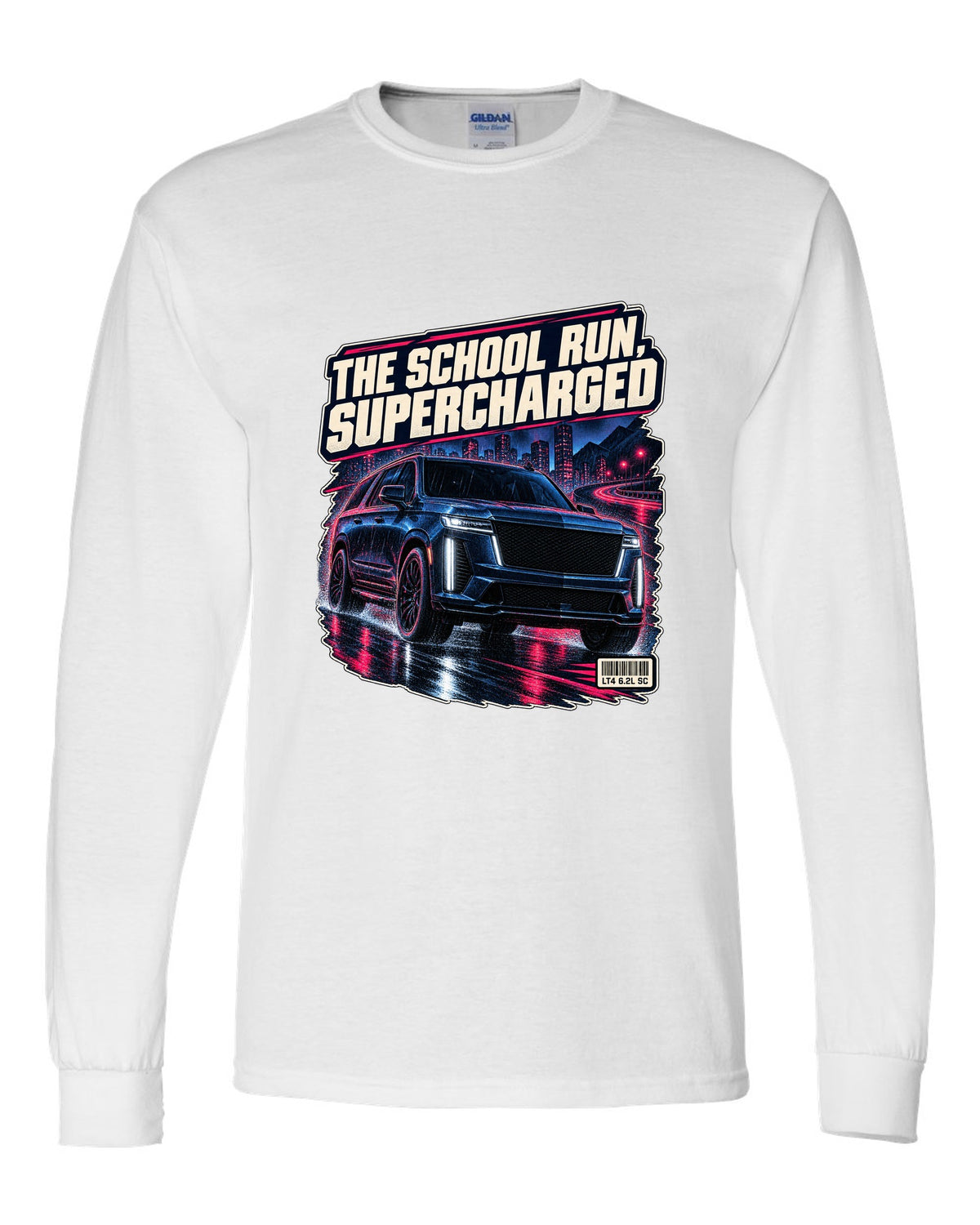 Night street print of a 2023-25 Cadillac Escalade-V white long sleeve front view with the design