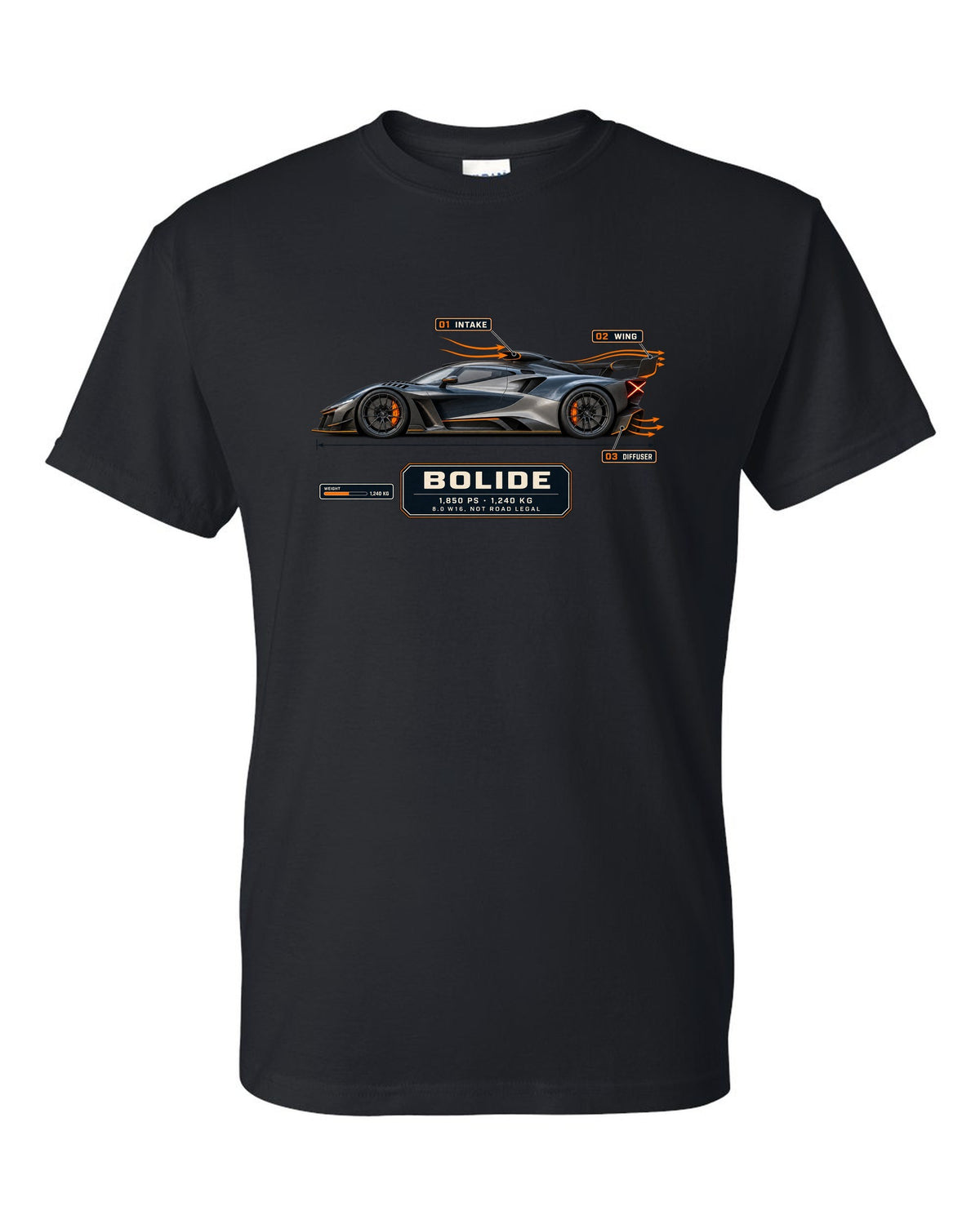 Aero callout cutaway of the Bugatti Bolide track concept, print black t-shirt front view with the design