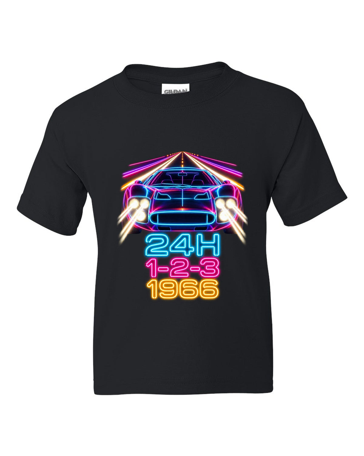 Neon long-exposure light trail print of a 1966 Ford GT40 Mk II with 24H 1-2-3 lettering black kids tee front view with the design