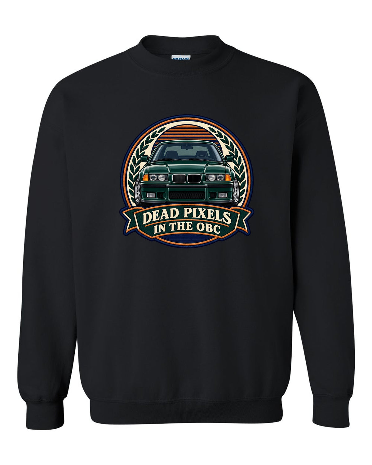 Varsity crest style print of a BMW E36 M3 coupe with dead pixels in the OBC text black crewneck front view with the design