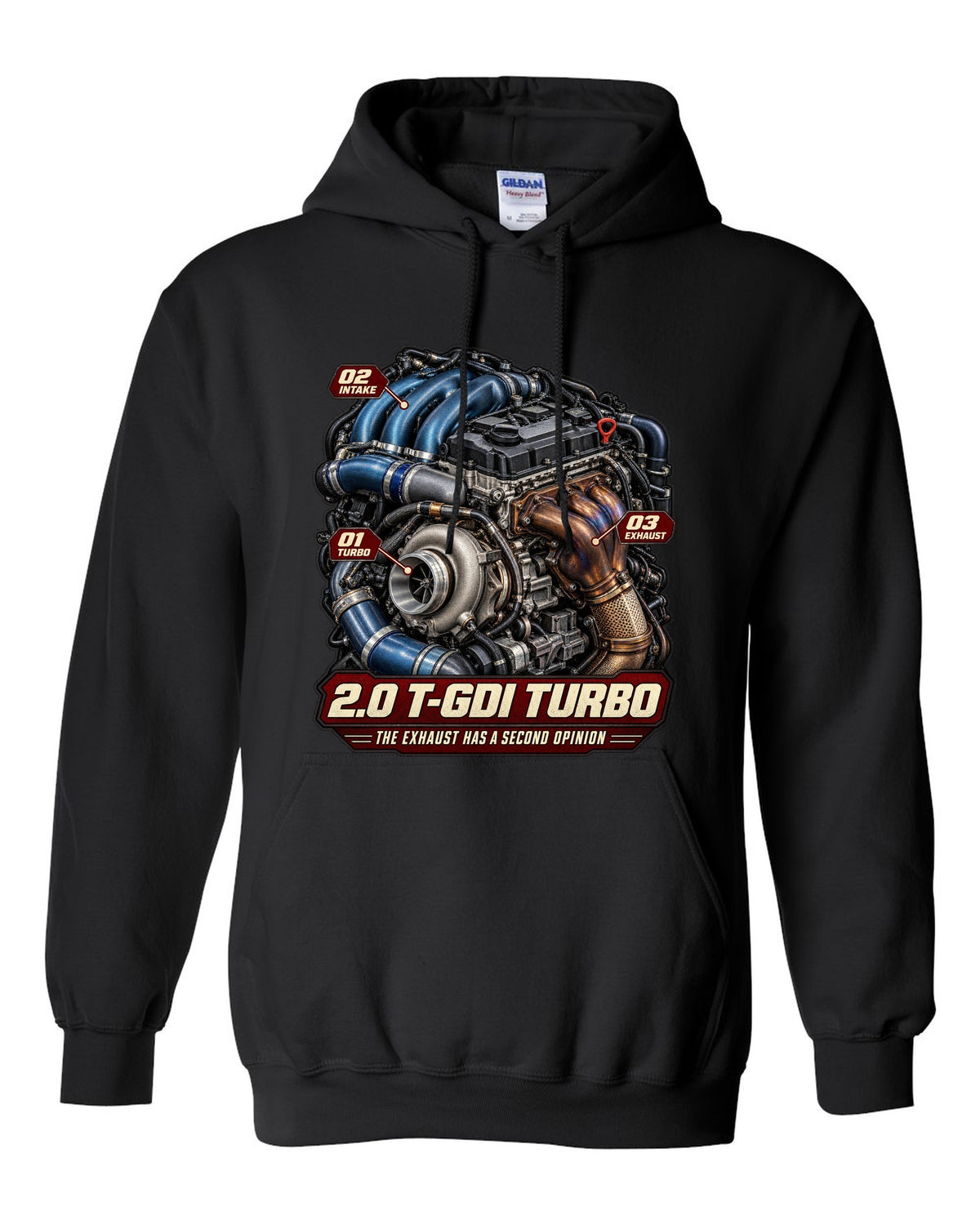 Hyundai Elantra N 2.0 T-GDI turbo engine illustration, print black pull over hoodie front view with the design