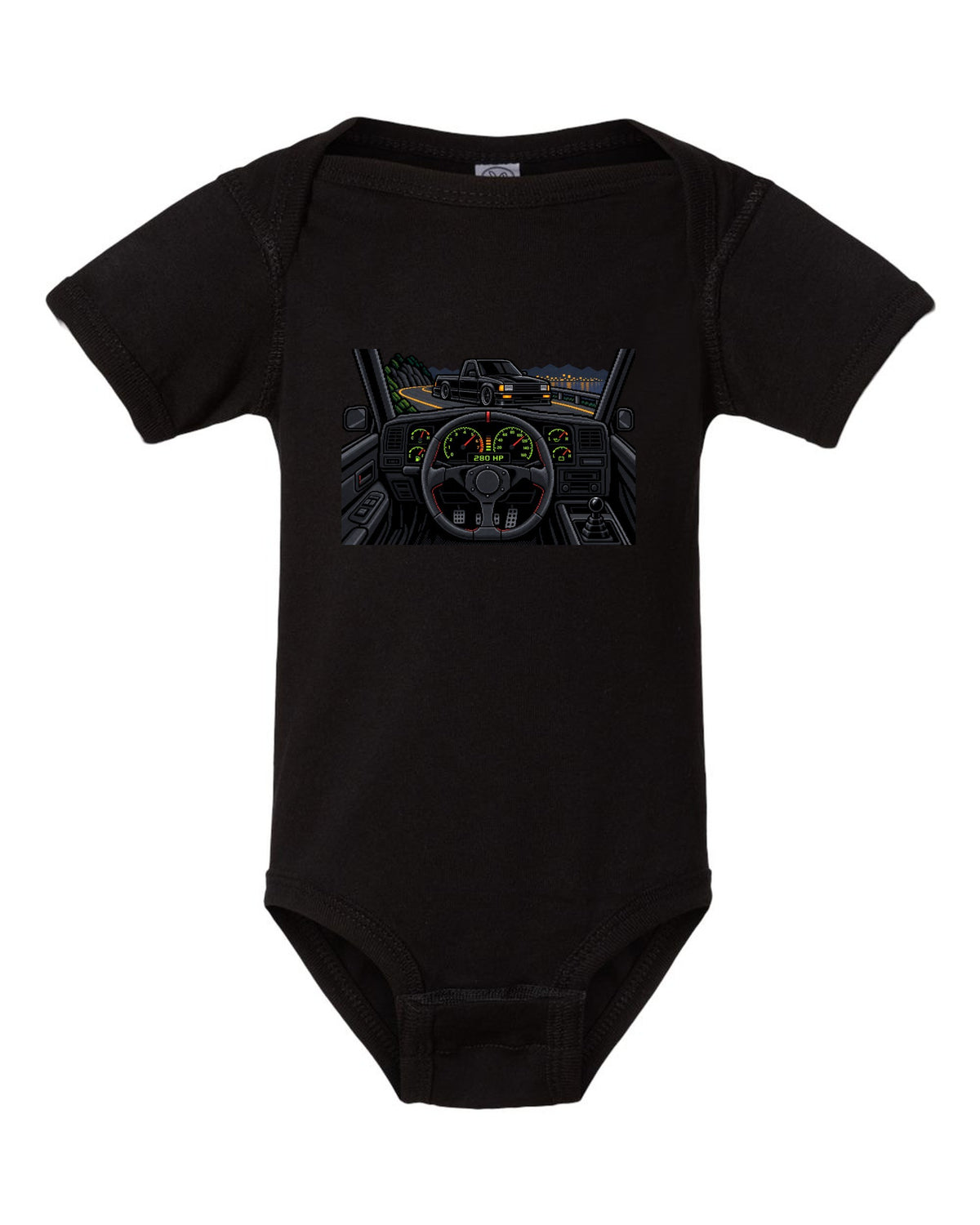 8/16-bit pixel art gauge print of a 1991 GMC Syclone with 280 HP text black baby onesie front view with the design
