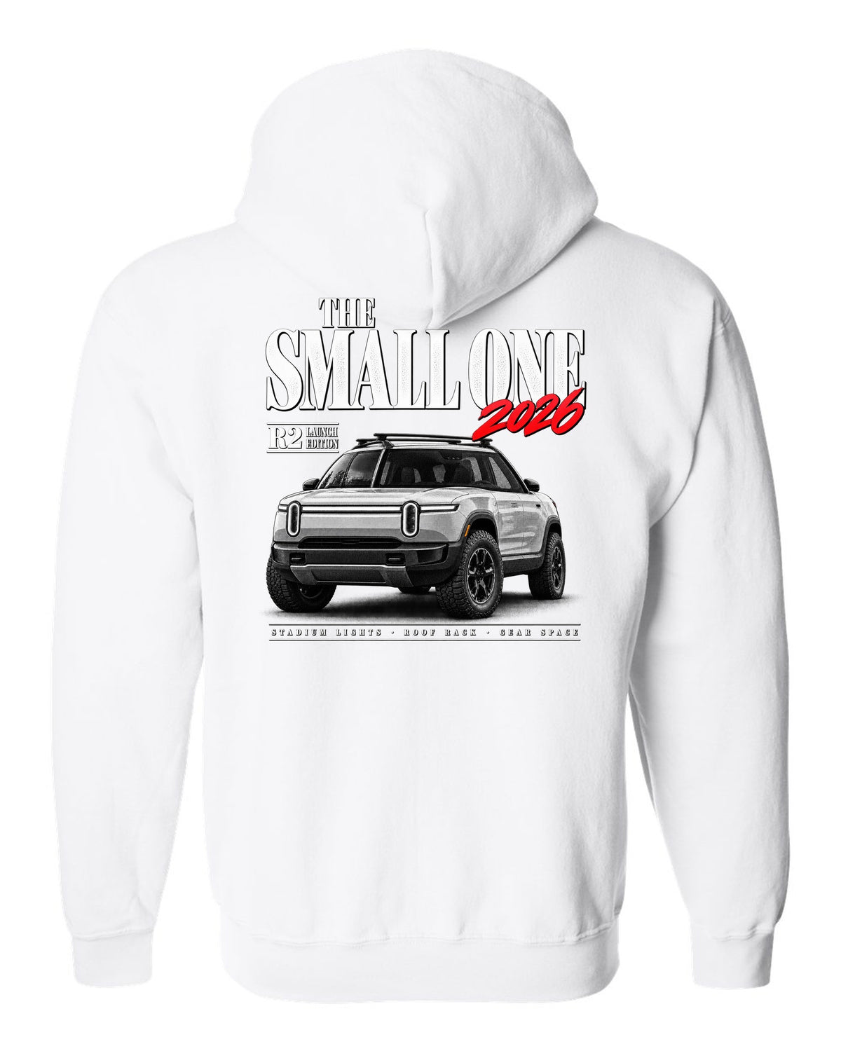 Rivian R2 2026 launch edition editorial headline reading The Small One white zip hoodie back view with the design