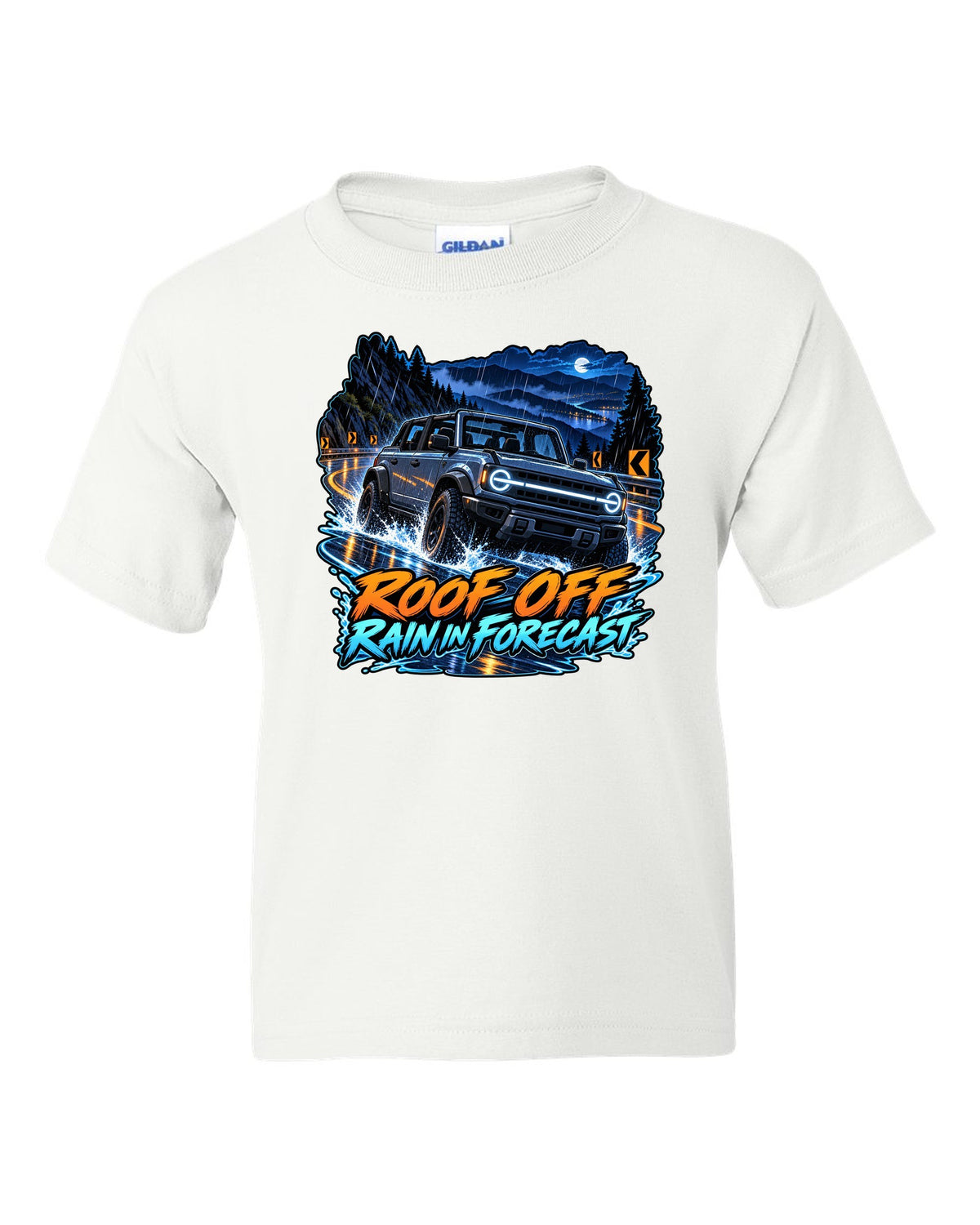 Cel-shaded anime night garage print of a 2021 Ford Bronco 4-door 6G with roof off white kids tee front view with the design