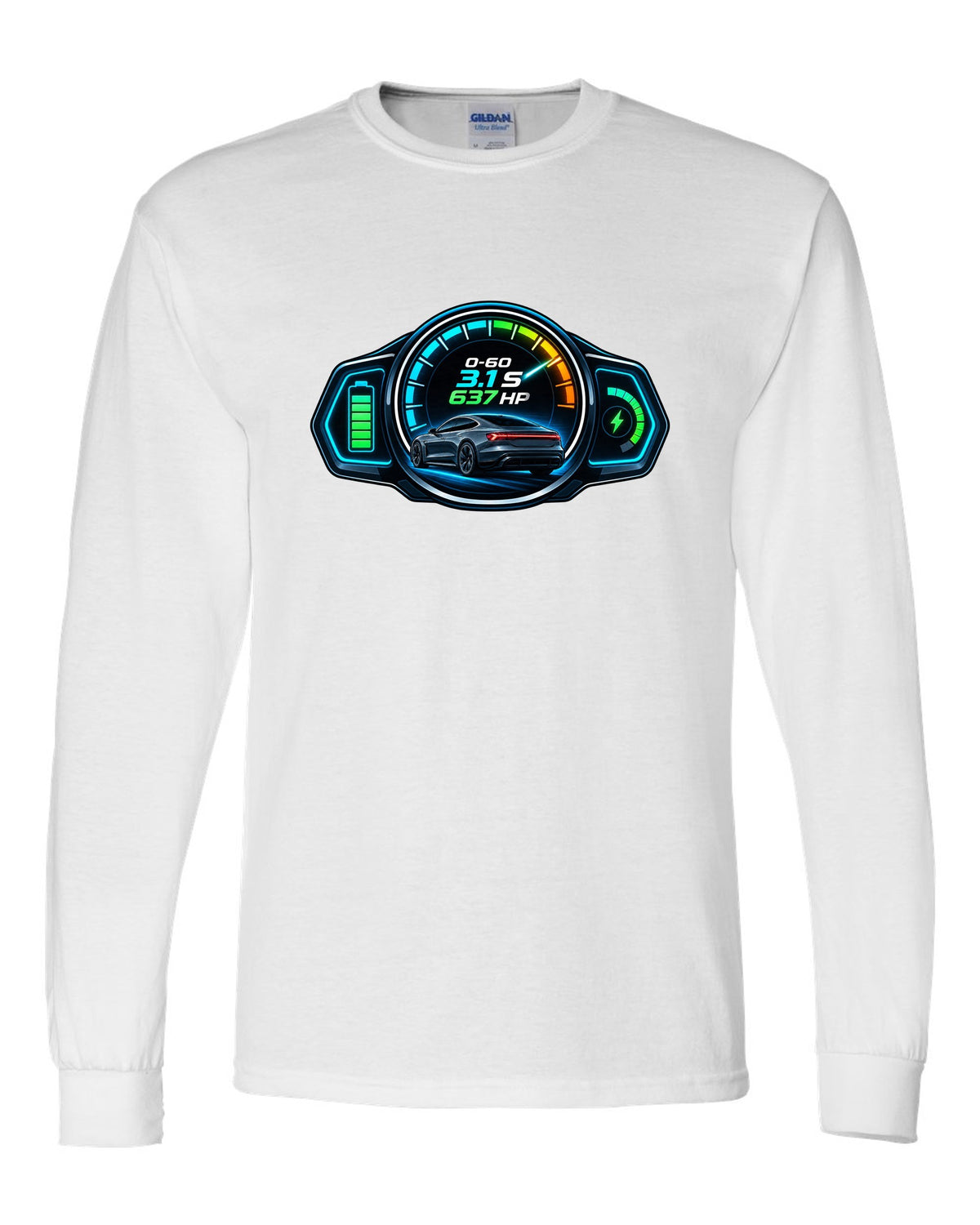 HUD gauge cluster print of an Audi e-tron GT with 0-60 and horsepower figures white long sleeve front view with the design