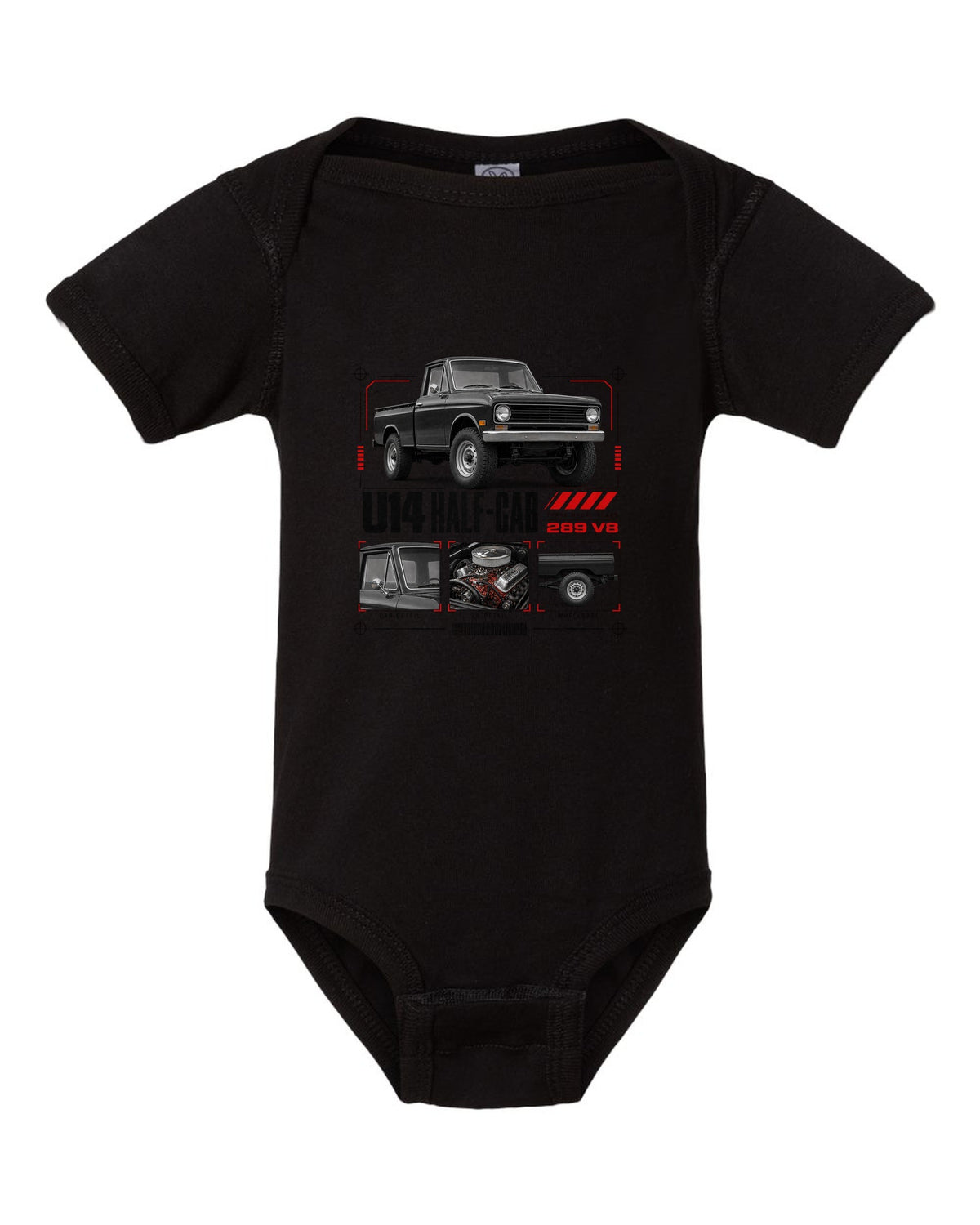 Ford Early Bronco U14 half-cab dossier panel print with 289 V8 and three model years black baby onesie front view with the design