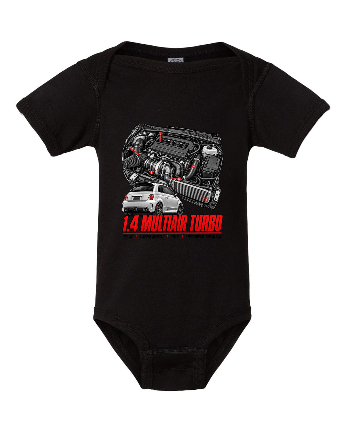 Fiat 500 Abarth engine bay hero poster with 1.4 MultiAir turbo figures black baby onesie front view with the design