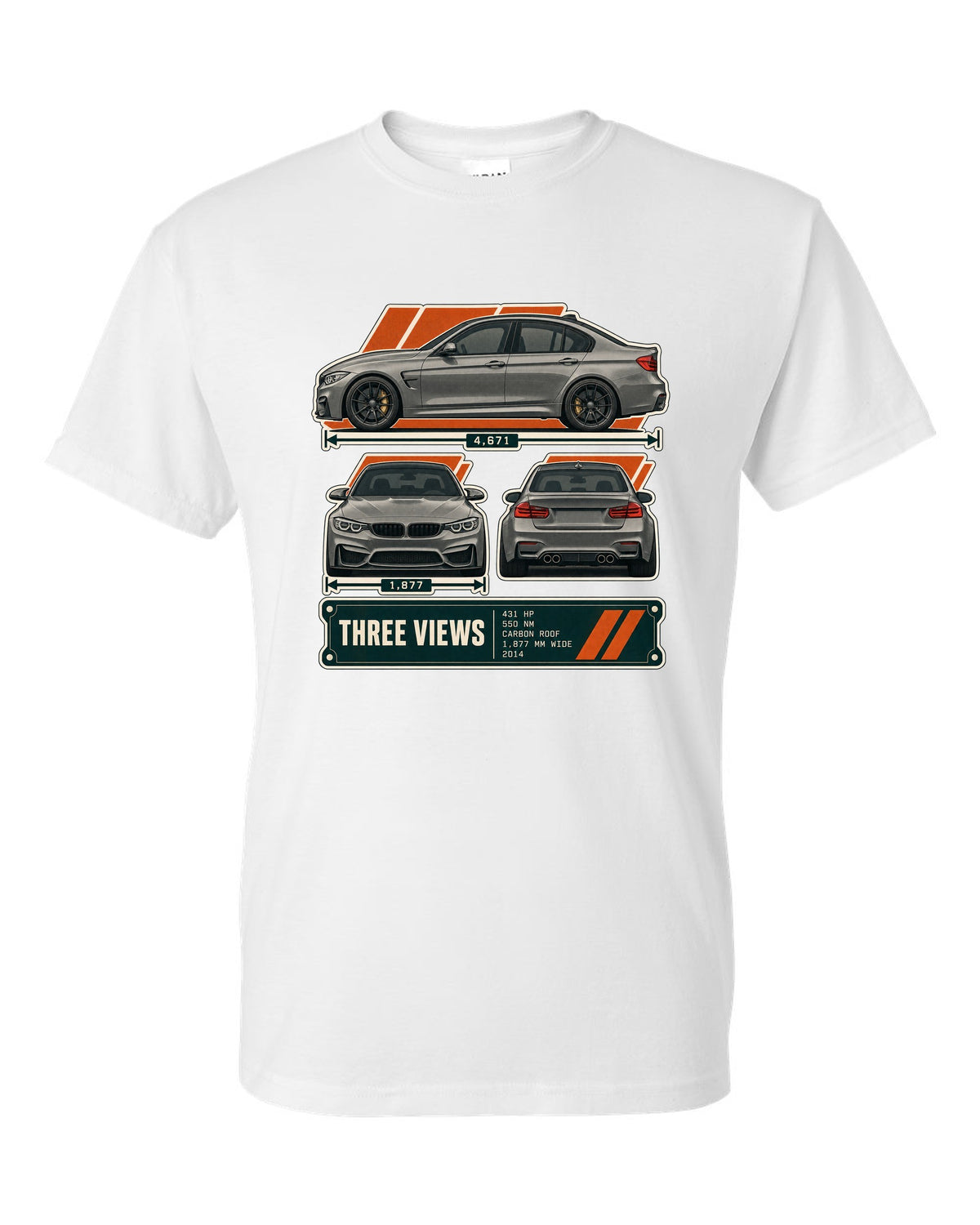 BMW M3 F80 three-view drawing with spec table print white t-shirt front view with the design