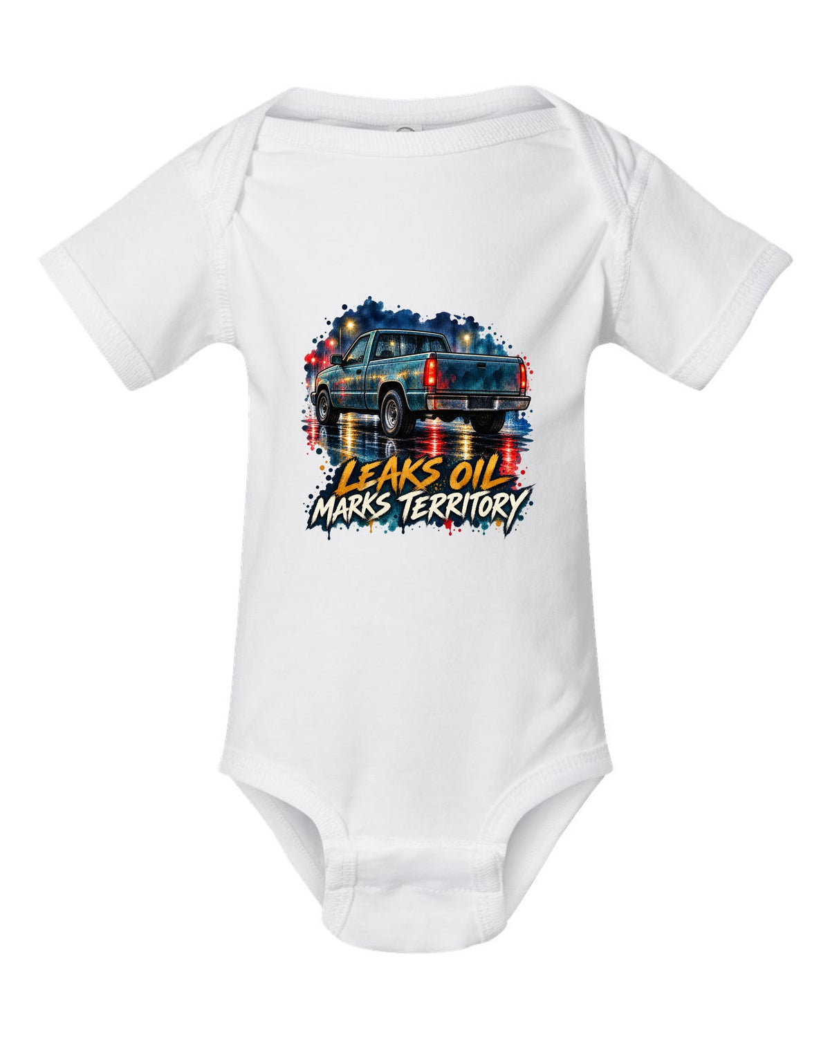 Watercolour wet-road night print of a 1989-1993 Dodge Ram D250 Cummins white baby onesie front view with the design