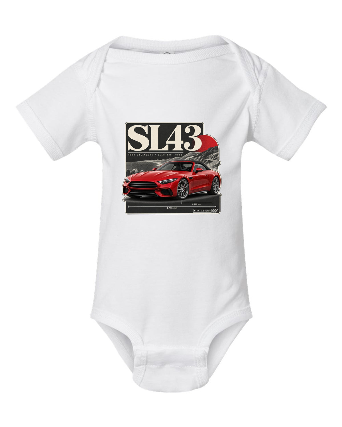 SL43 R232 Electric Turbo Editorial white baby onesie front view with the design