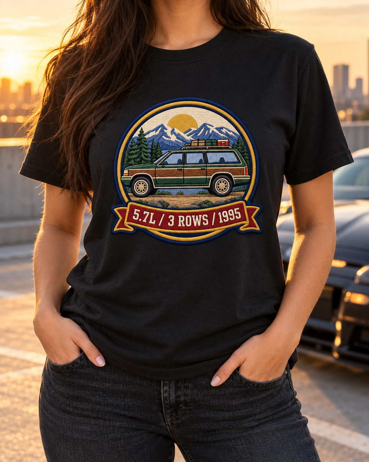 Chevy Suburban GMT400 Varsity Crest Tee, 5.7L 3 Rows 1995 T-Shirt Black worn hero