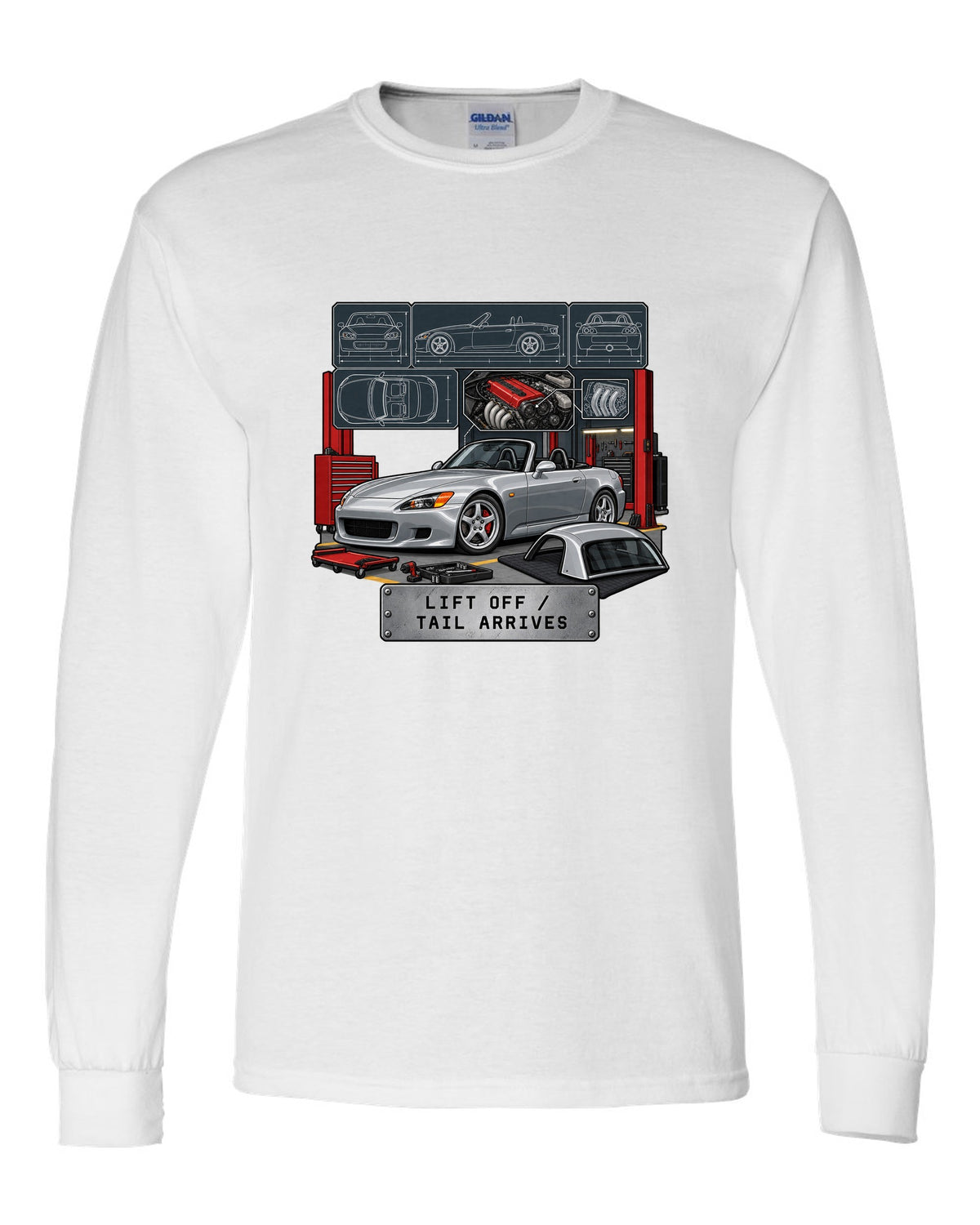Spec sheet data plate print of a 1999 Honda S2000 AP1 roadster with lift off tail arrives text white long sleeve front view with the design