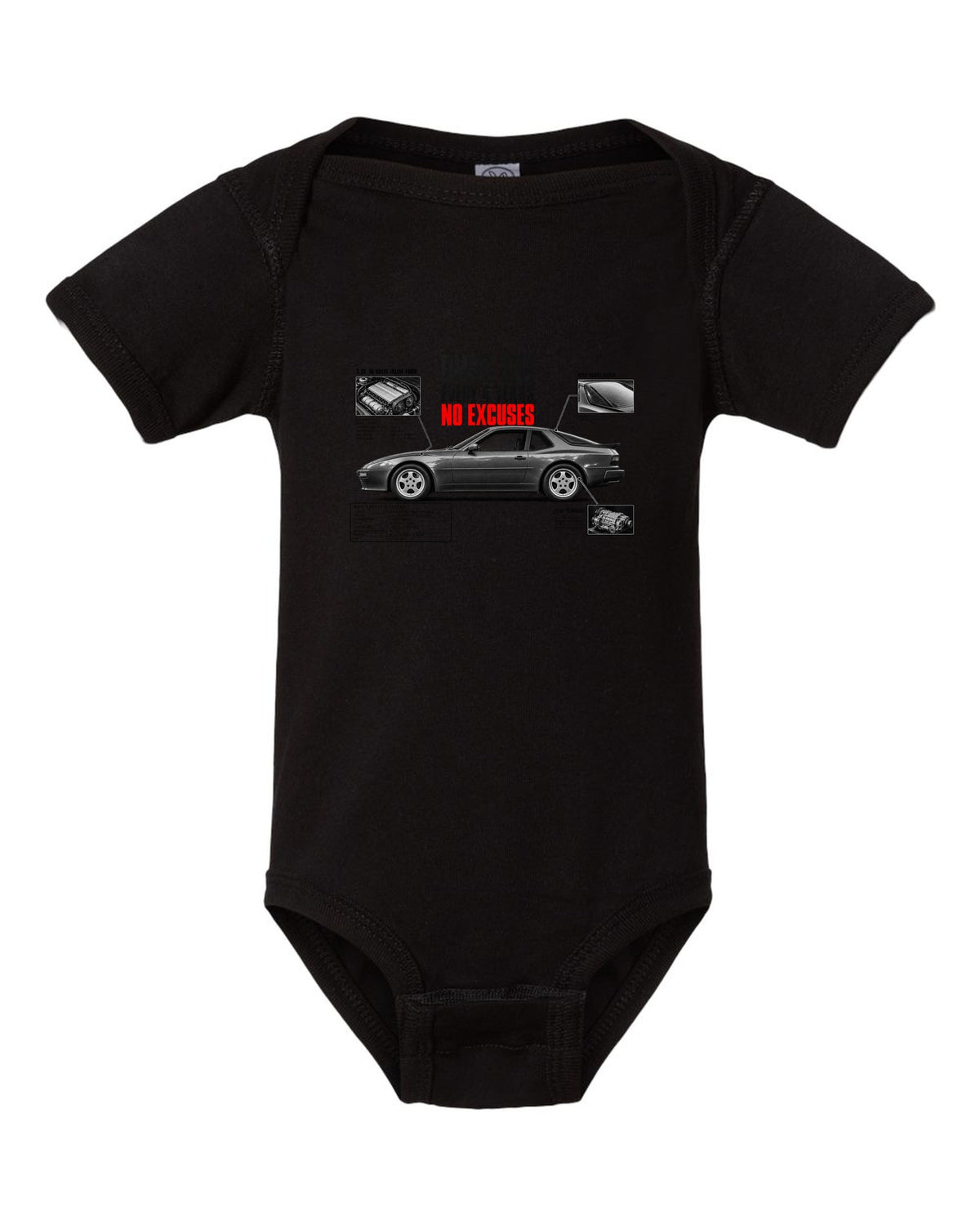 Spec poster print for a Porsche 944 S2 with a timing belt every 4 years caption black baby onesie front view with the design