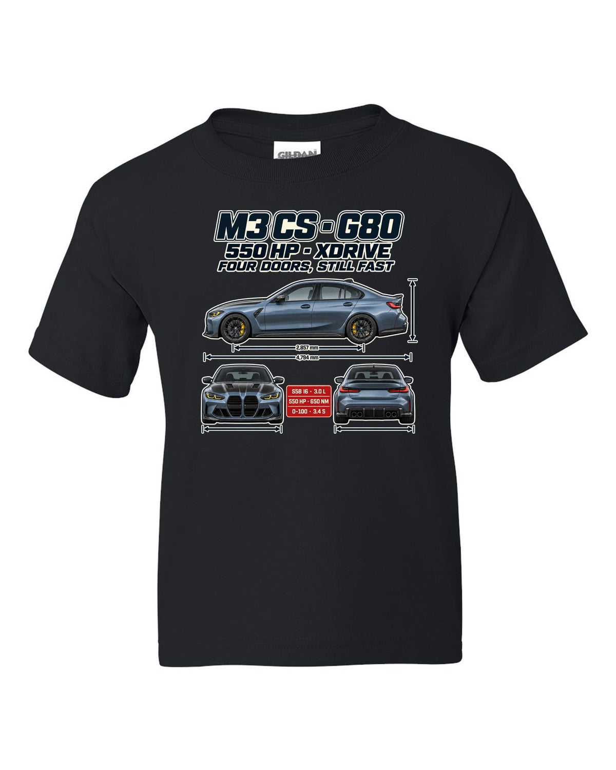 BMW M3 CS G80 2023 spec poster print black kids tee front view with the design
